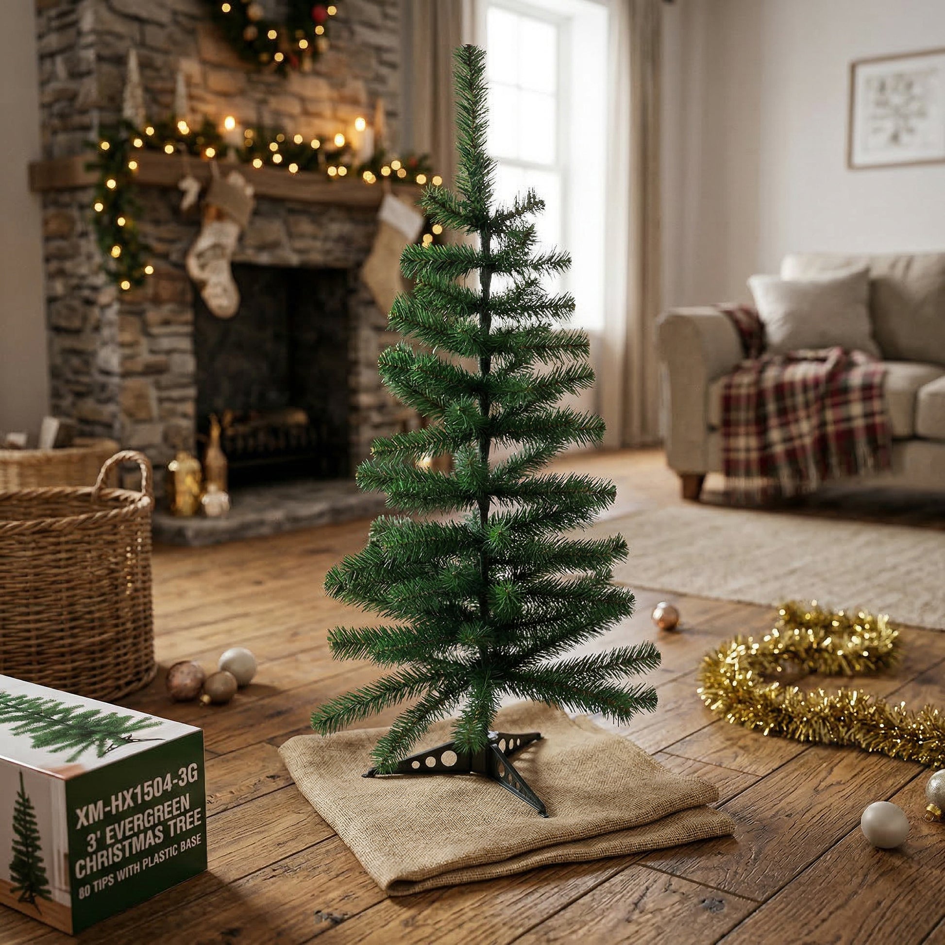 3' Evergreen Christmas Tree 80 Tips with Plastic Base, Christmas, Holiday Decor