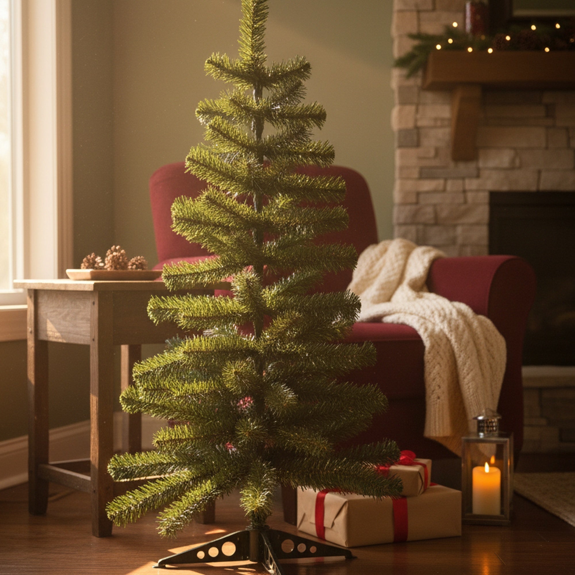 3' Evergreen Christmas Tree 80 Tips with Plastic Base, Christmas, Holiday Decor