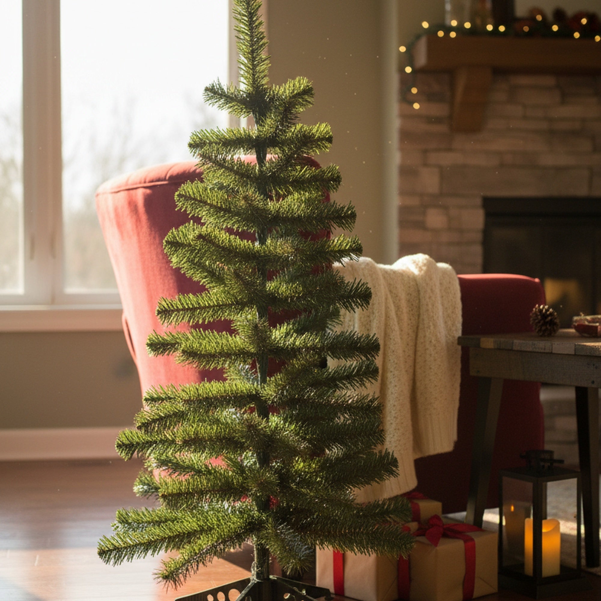 3' Evergreen Christmas Tree 80 Tips with Plastic Base, Christmas, Holiday Decor