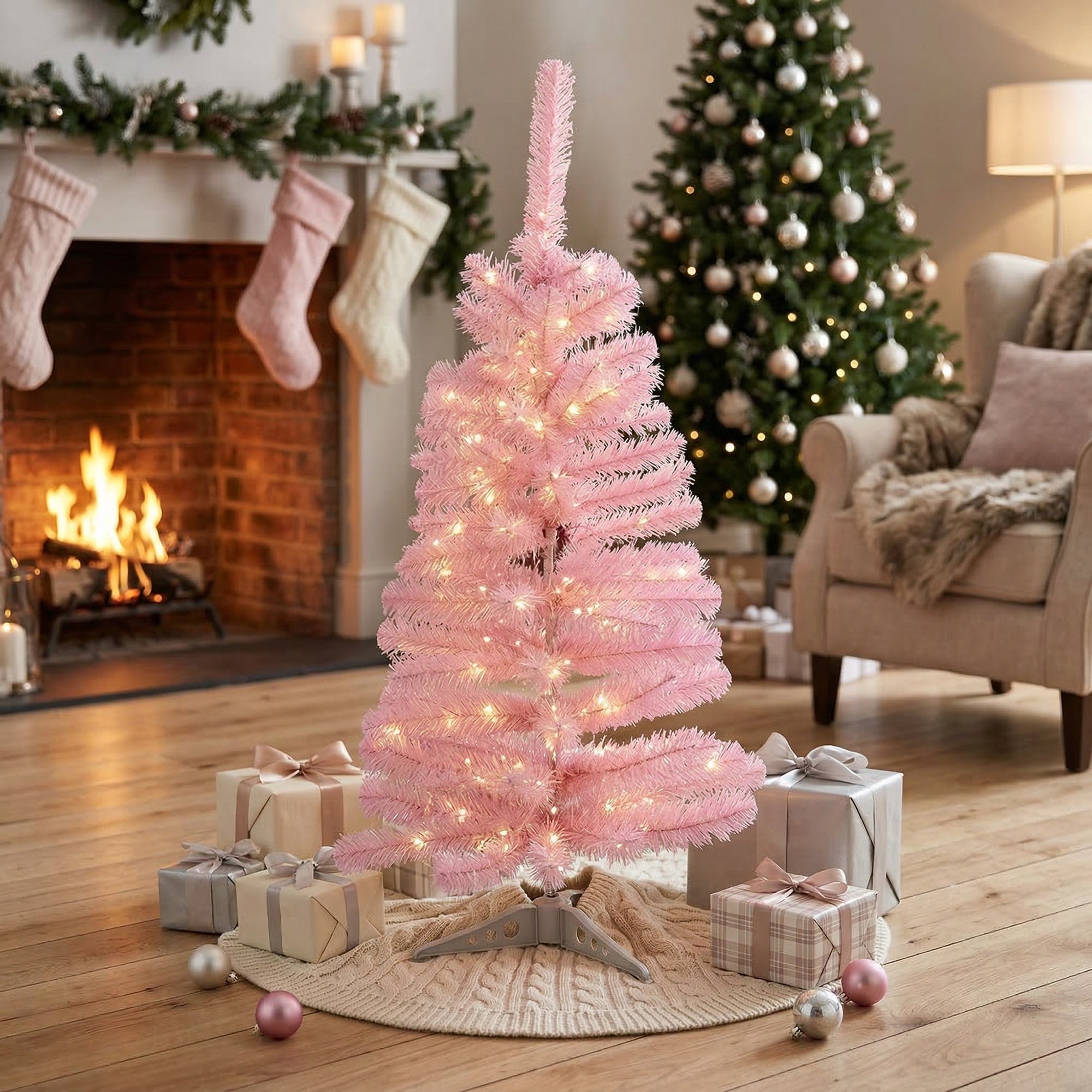 3' Evergreen Christmas Tree 80 Tips with Plastic Base Pink, Christmas, Holiday Decor