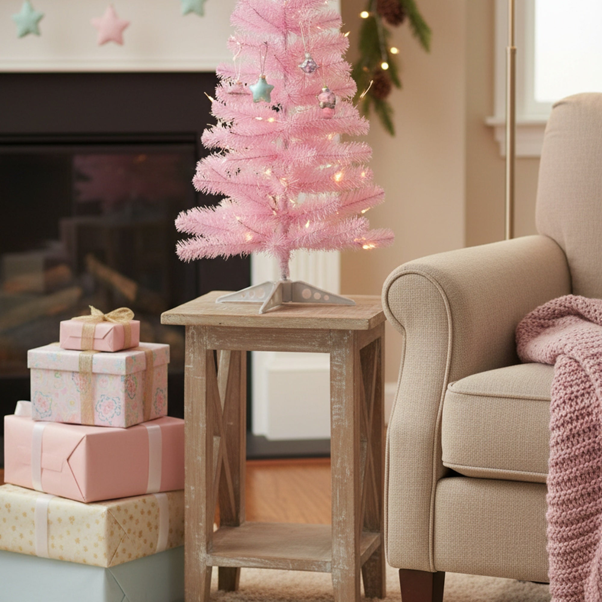 3' Evergreen Christmas Tree 80 Tips with Plastic Base Pink, Christmas, Holiday Decor