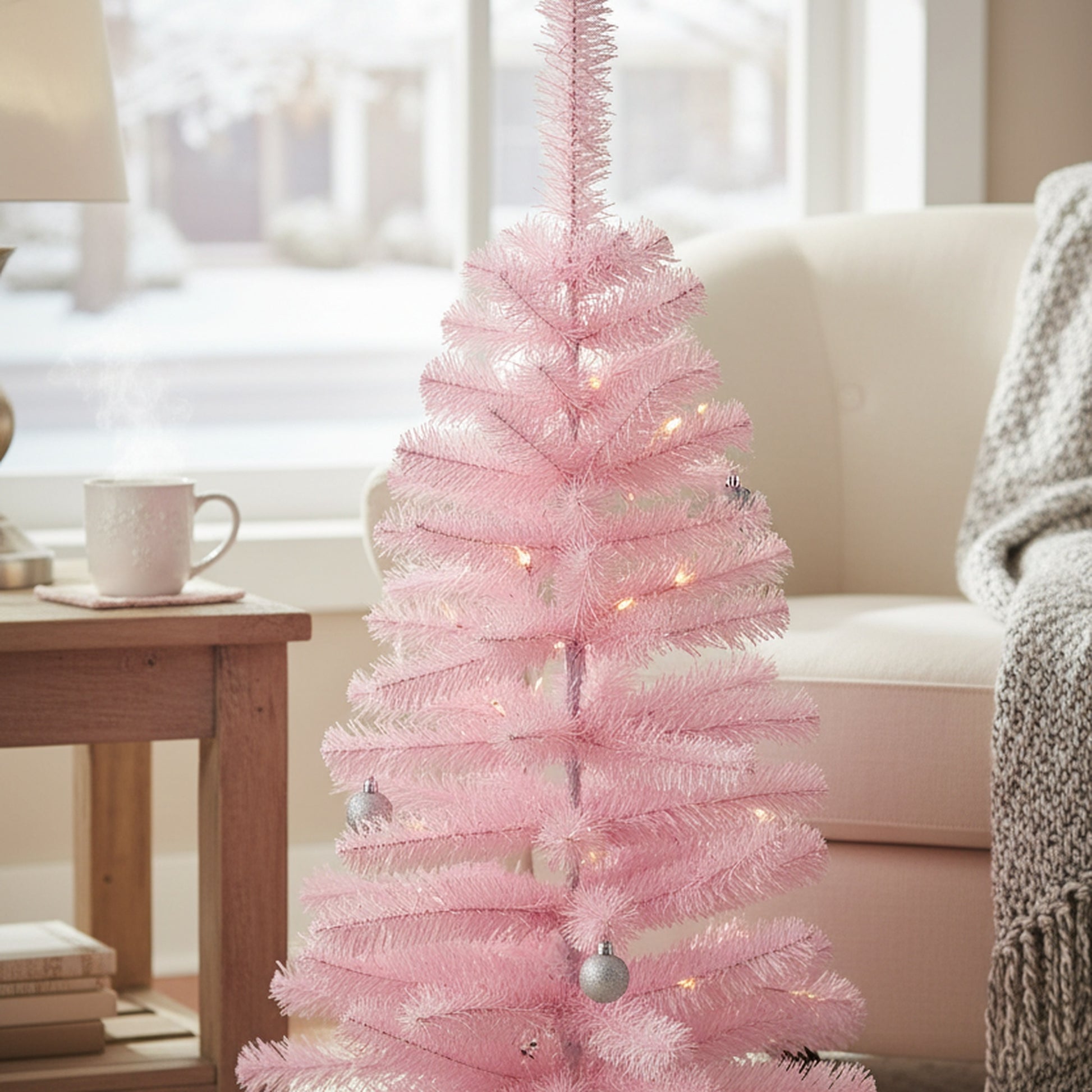 3' Evergreen Christmas Tree 80 Tips with Plastic Base Pink, Christmas, Holiday Decor