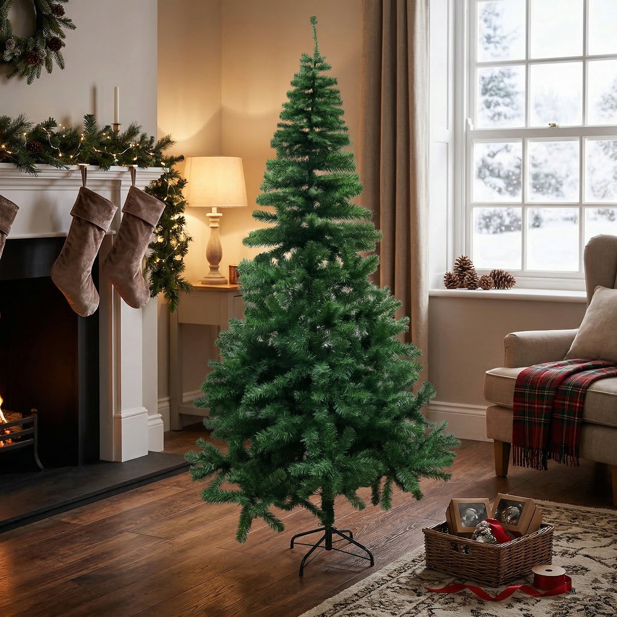 7' Evergreen Christmas Tree 1100 Tips with Metal Stand, Christmas, Holiday Decor