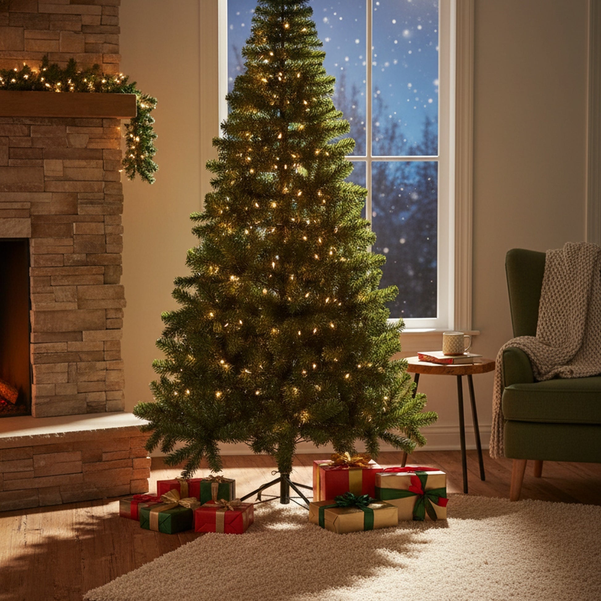 7' Evergreen Christmas Tree 1100 Tips with Metal Stand, Christmas, Holiday Decor