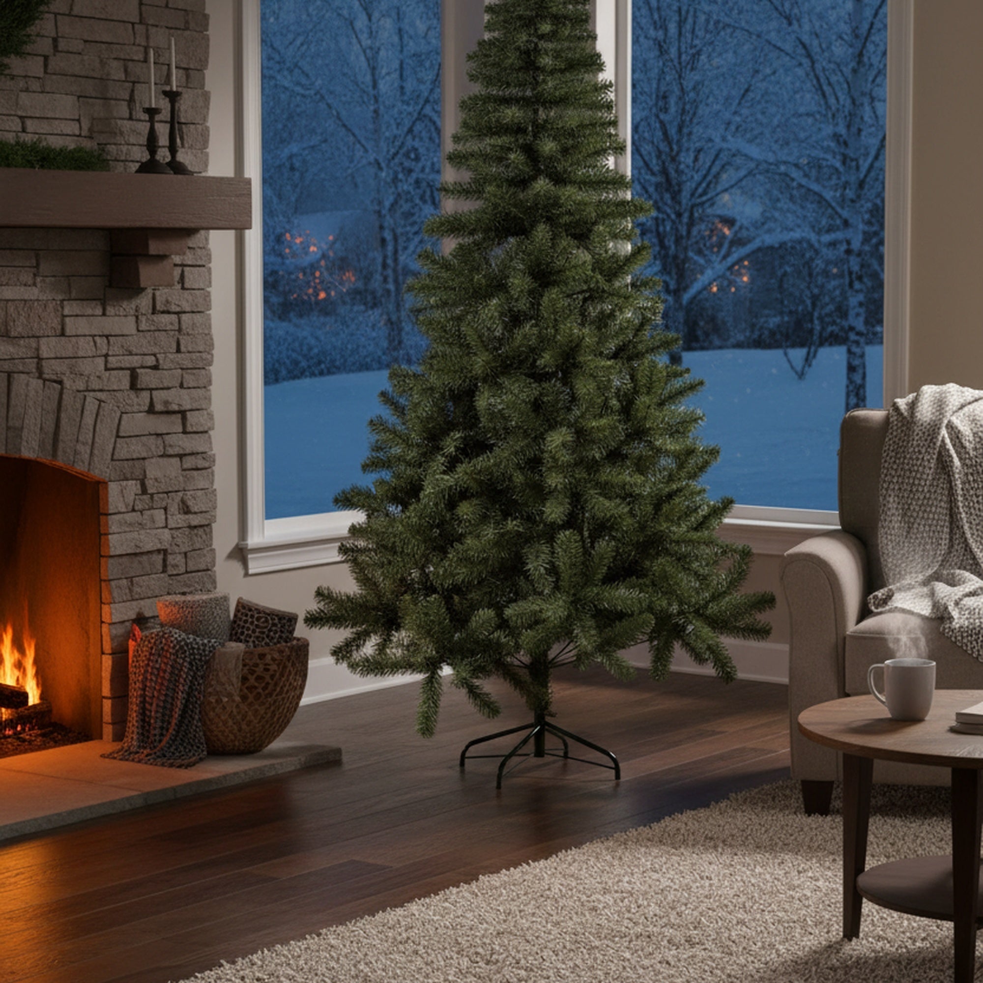 7' Evergreen Christmas Tree 1100 Tips with Metal Stand, Christmas, Holiday Decor