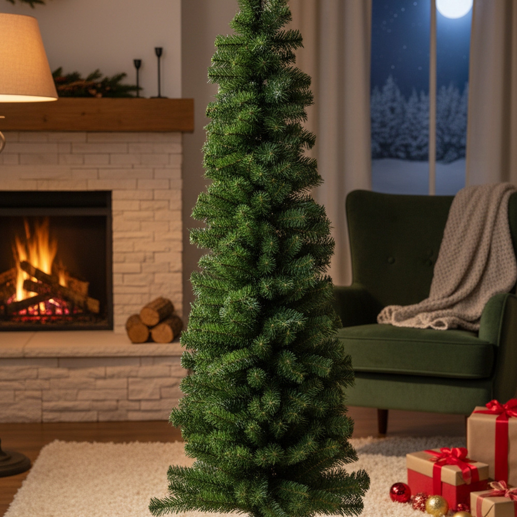 6' Evergreen Pencil Christmas Tree 380 Tips with Plastic Stand, Christmas, Holiday Decor