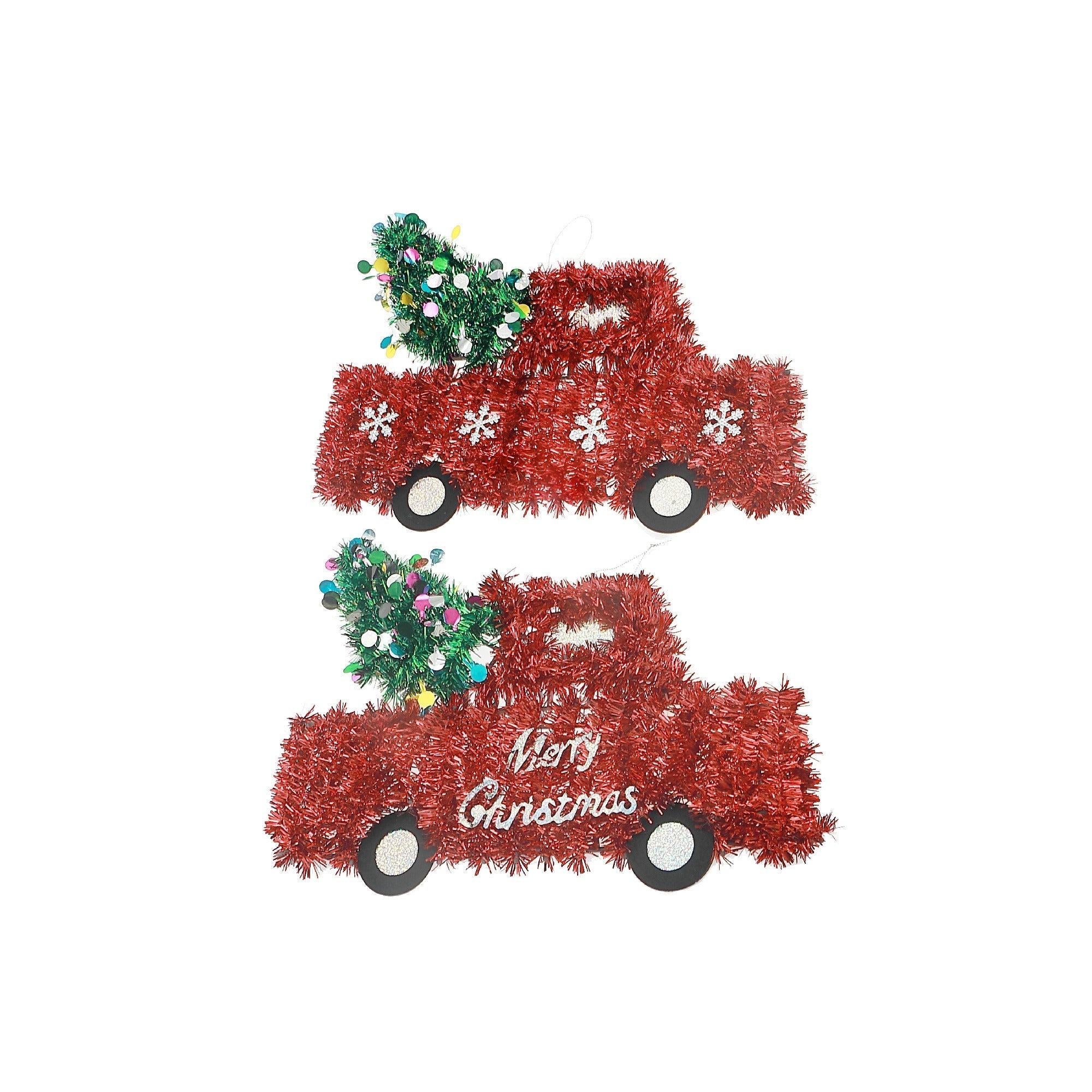 Red Christmas Truck Tinsel Ornaments, Assorted Holiday Tree Decorations, Festive Vehicle Hanging Ornaments, Set of 12