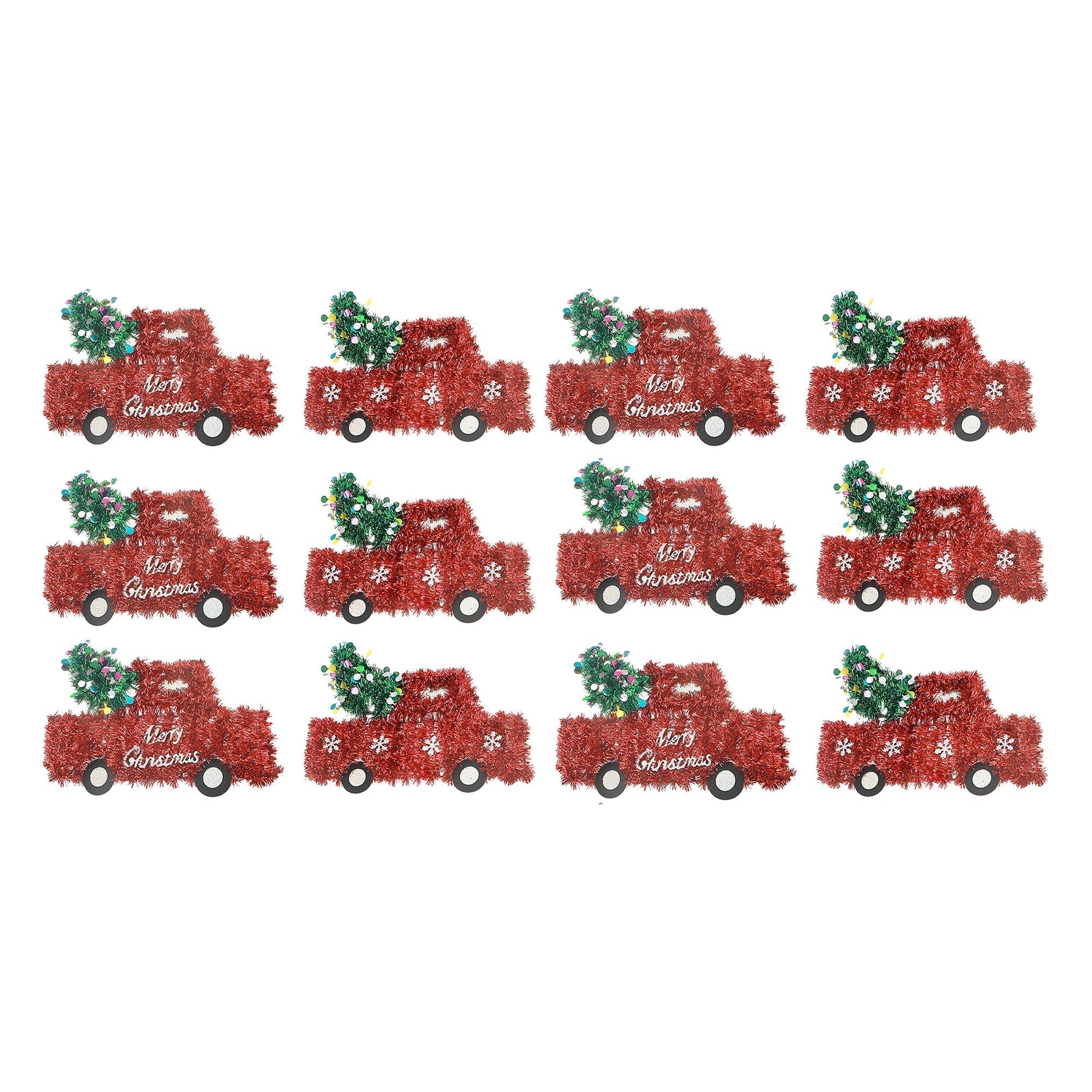Red Christmas Truck Tinsel Ornaments, Assorted Holiday Tree Decorations, Festive Vehicle Hanging Ornaments, Set of 12