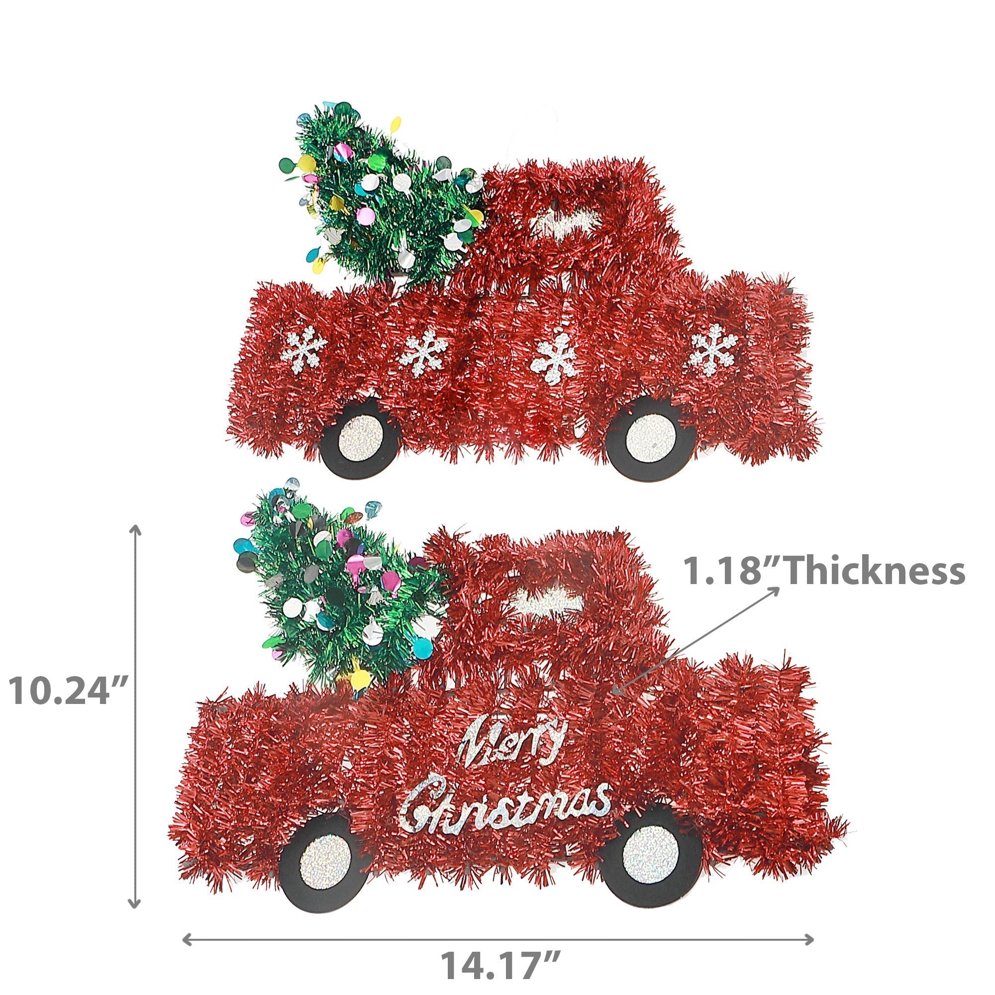 Red Christmas Truck Tinsel Ornaments, Assorted Holiday Tree Decorations, Festive Vehicle Hanging Ornaments, Set of 12