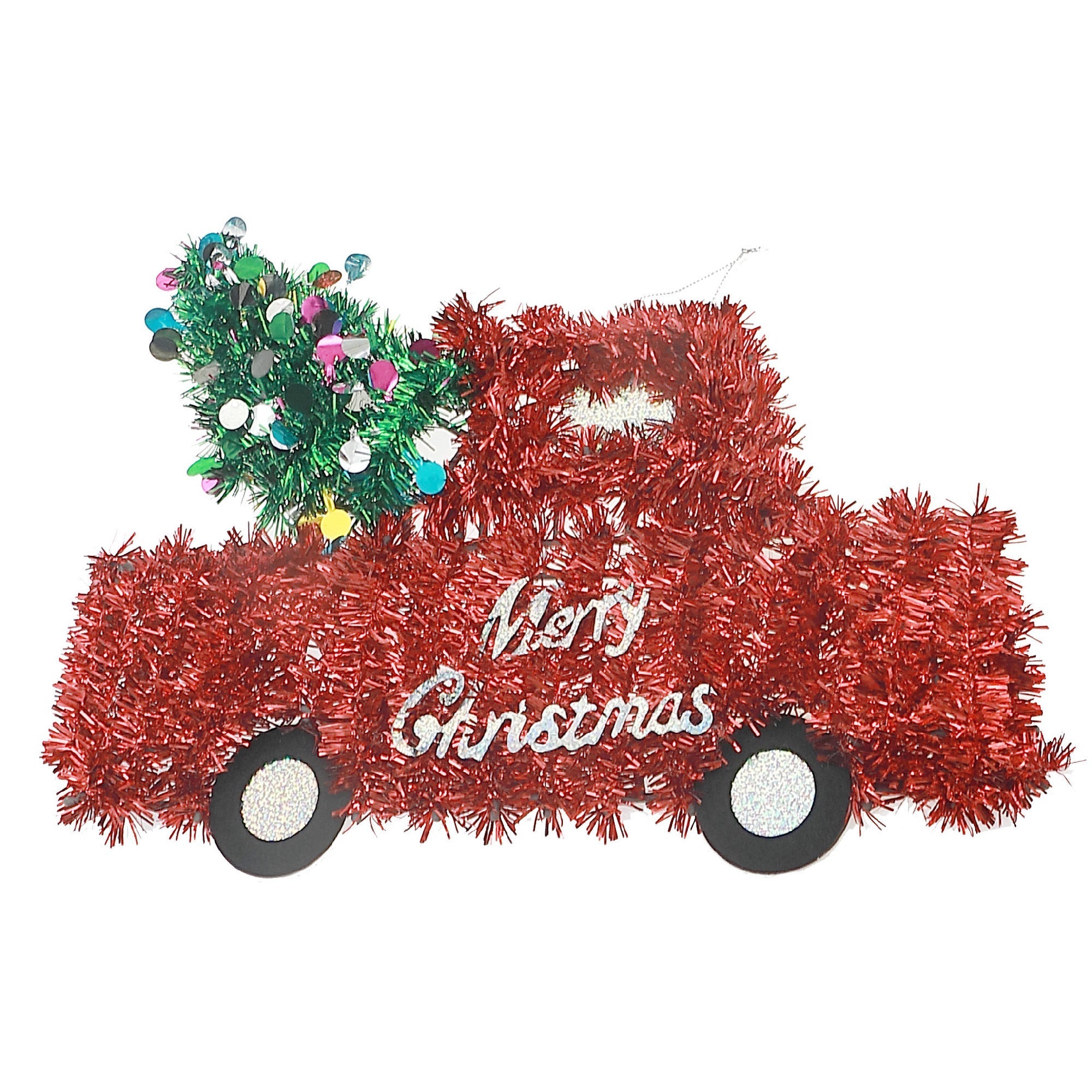 Red Christmas Truck Tinsel Ornaments, Assorted Holiday Tree Decorations, Festive Vehicle Hanging Ornaments, Set of 12