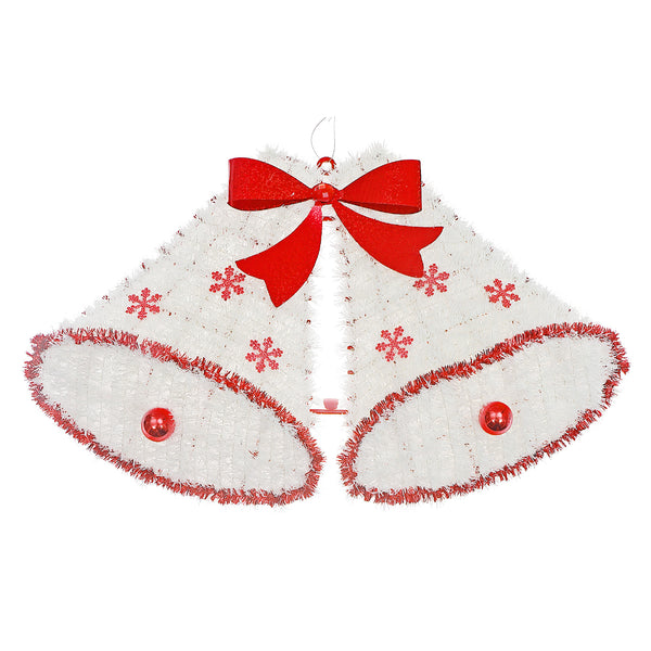 White Christmas Bells With Bows & Balls Tinsel Ornament - Set of 6