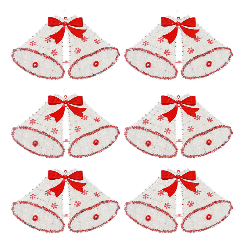 White Christmas Bells With Bows & Balls Tinsel Ornament - Set of 6