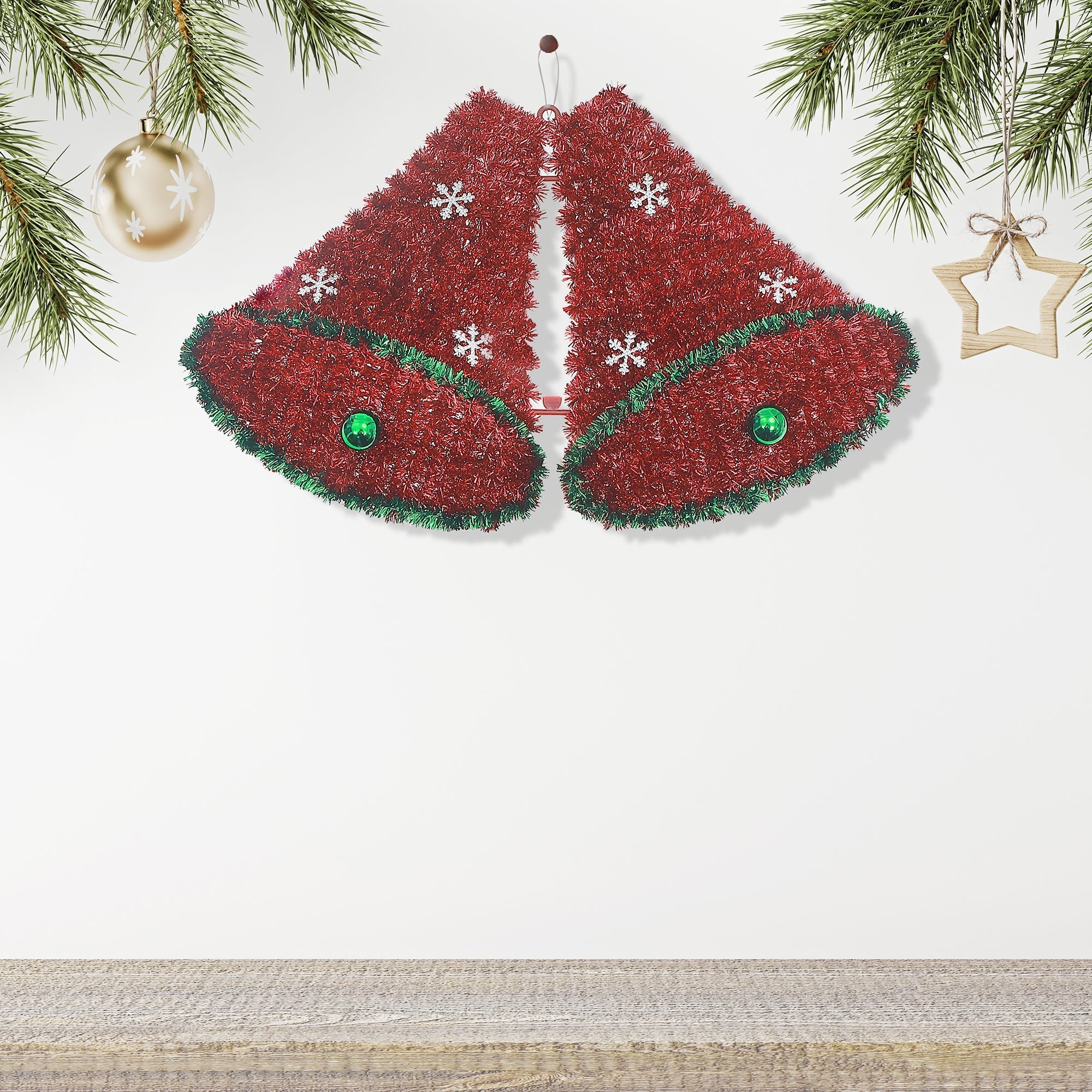 Red Christmas Bells with Balls Tinsel Ornaments, Holiday Tree Decorations, Festive Hanging Ornaments, Set of 6