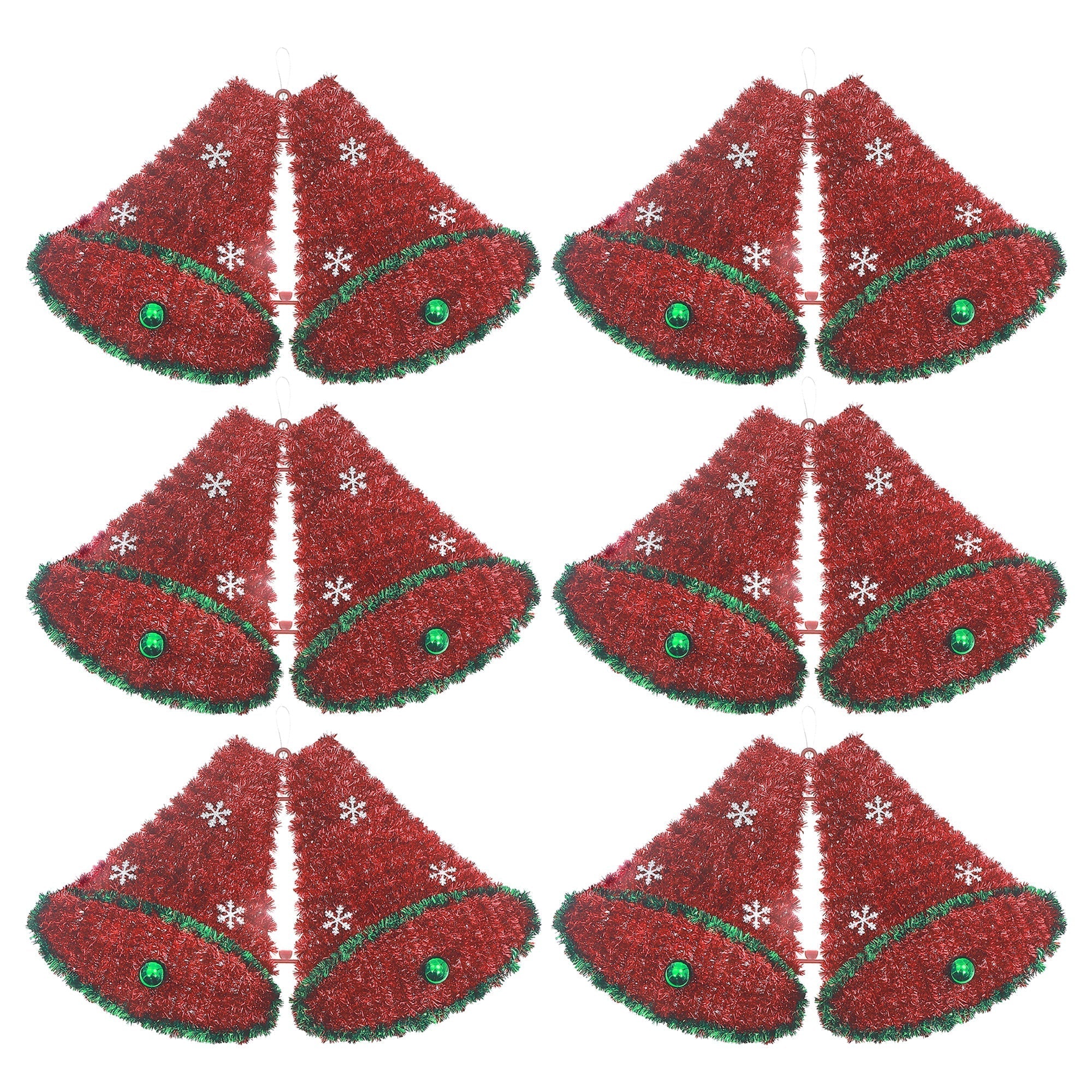 Red Christmas Bells with Balls Tinsel Ornaments, Holiday Tree Decorations, Festive Hanging Ornaments, Set of 6