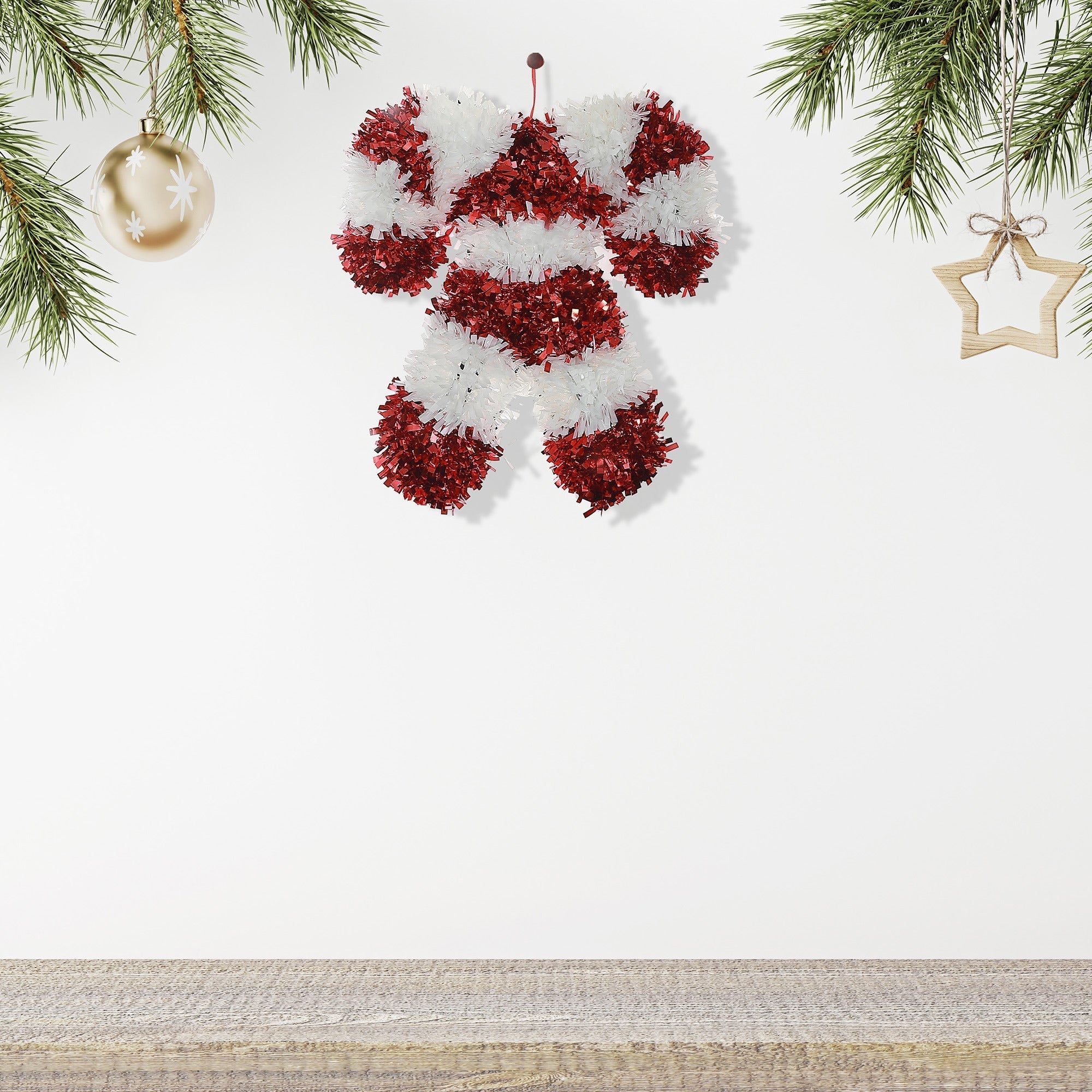 Double Candy Cane Tinsel Christmas Ornaments, Holiday Tree Decorations, Red and White Festive Ornaments, Set of 6