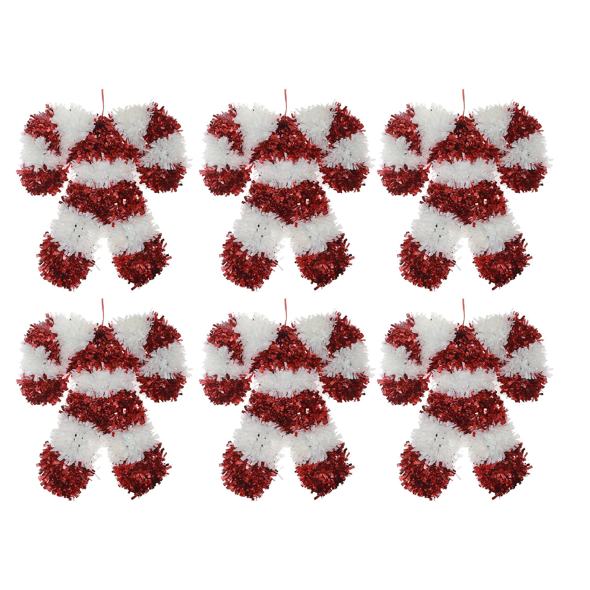 Double Candy Cane Tinsel Christmas Ornaments, Holiday Tree Decorations, Red and White Festive Ornaments, Set of 6
