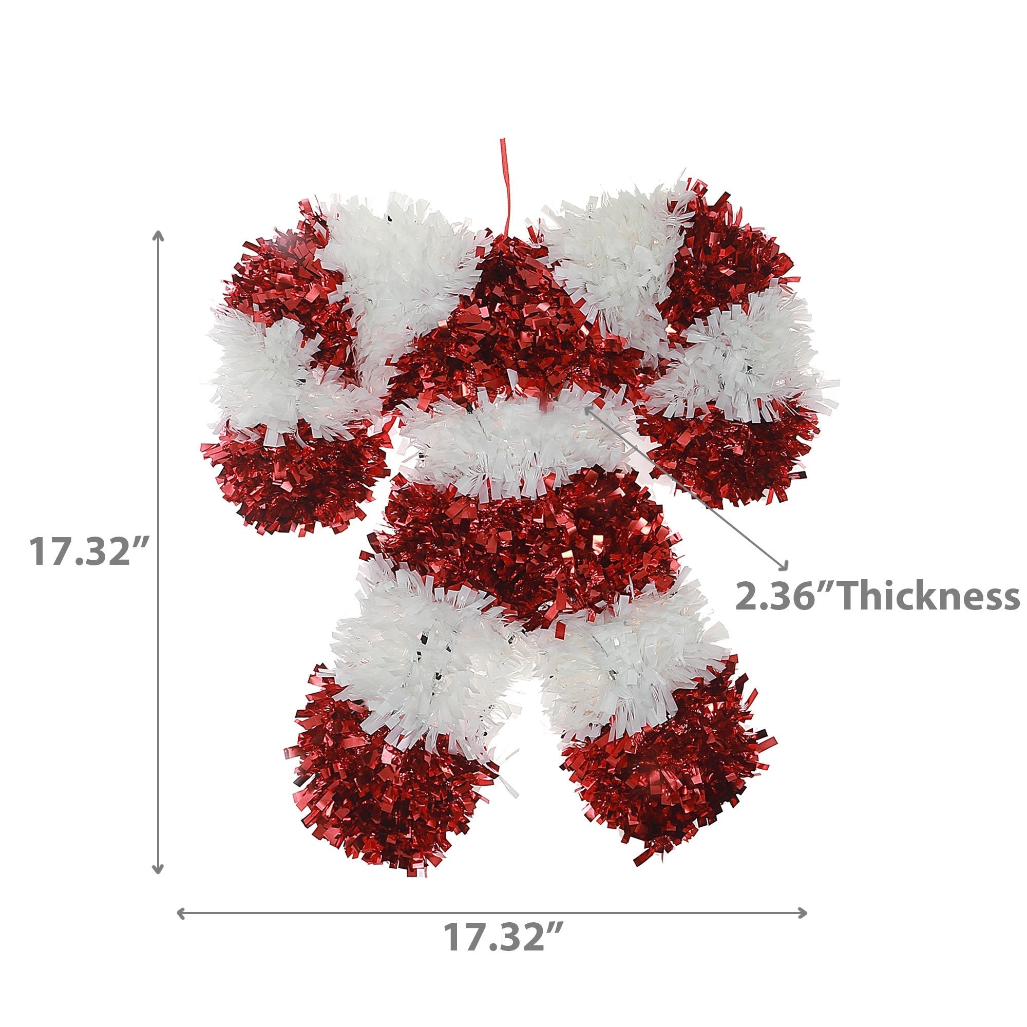 Double Candy Cane Tinsel Christmas Ornaments, Holiday Tree Decorations, Red and White Festive Ornaments, Set of 6