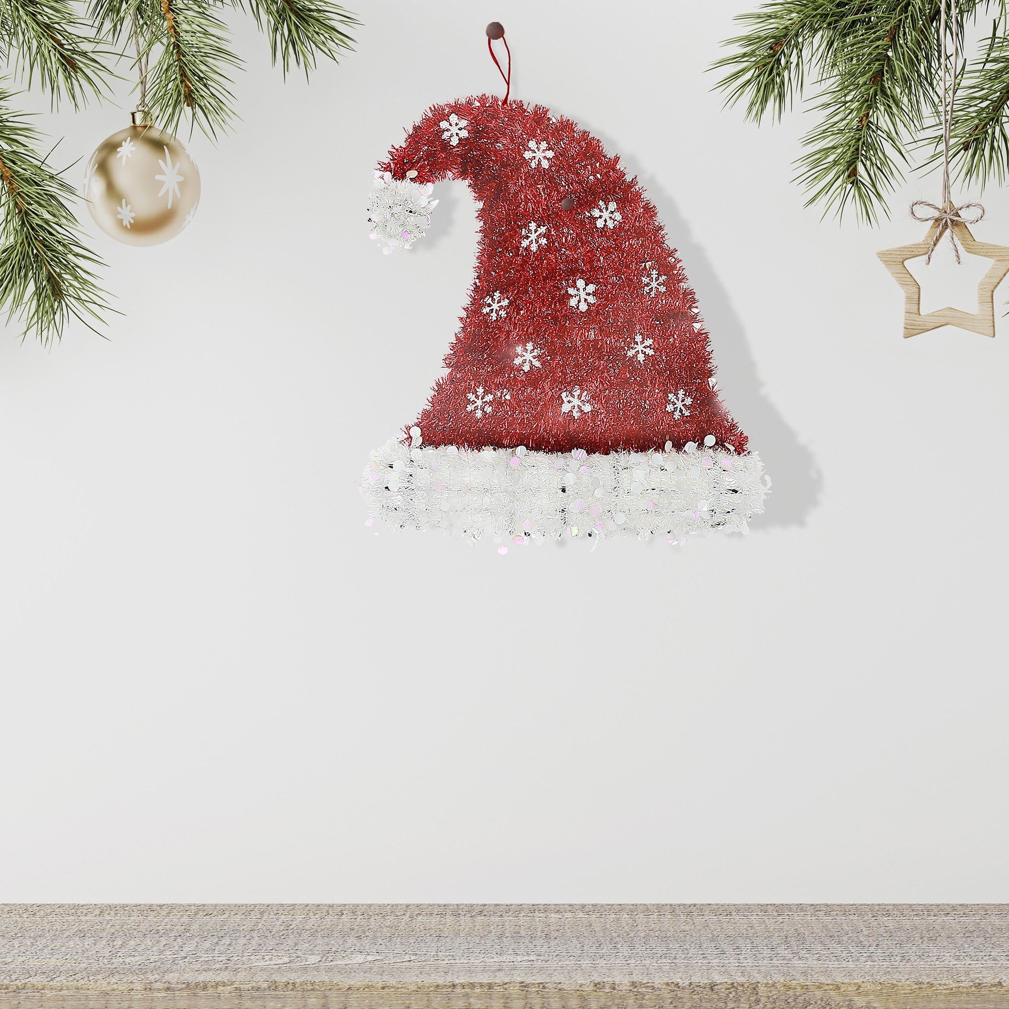 Snowflake Hat Christmas Ornaments with Pompom Tinsel, Holiday Tree Decorations, Festive Winter Ornaments, Set of 6