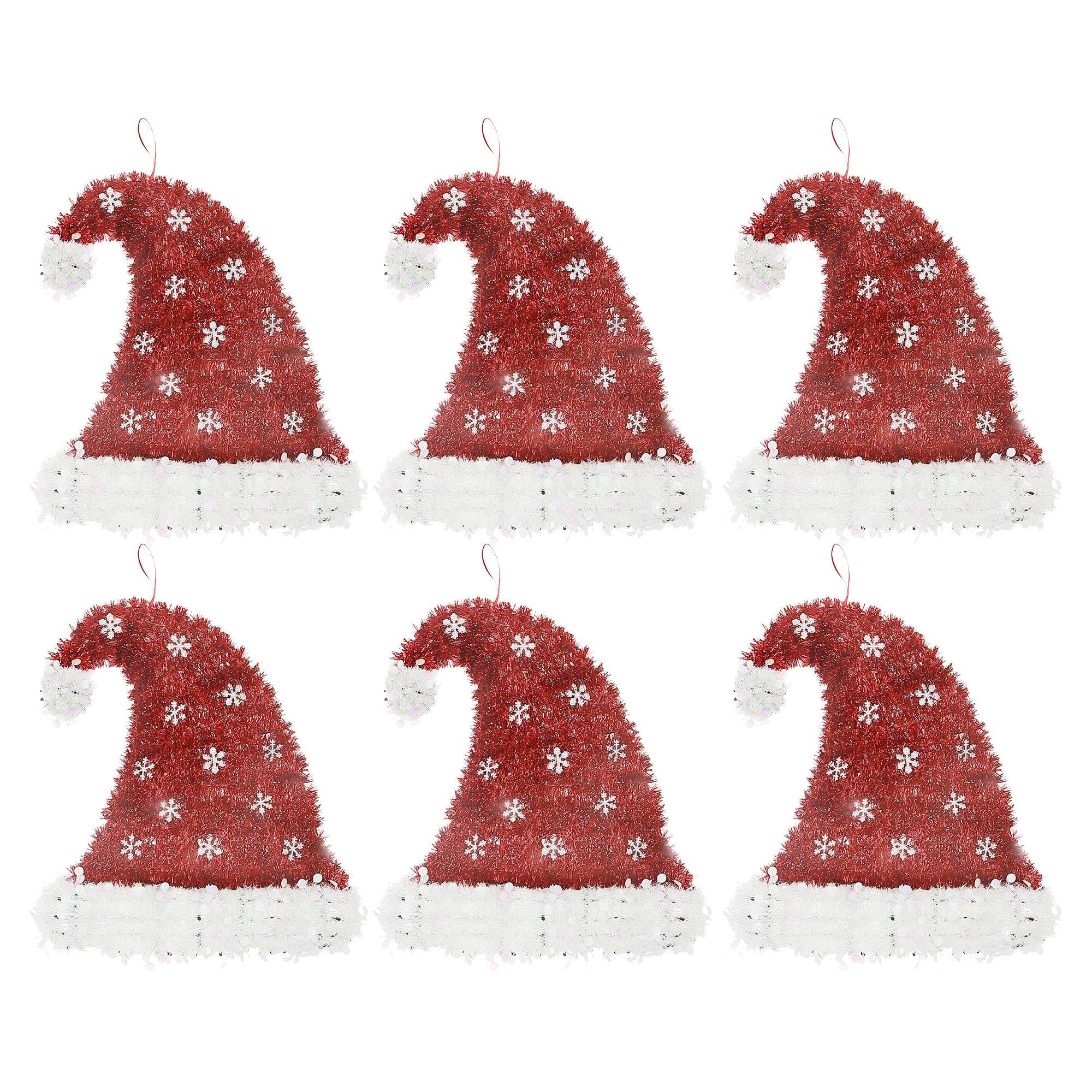 Snowflake Hat Christmas Ornaments with Pompom Tinsel, Holiday Tree Decorations, Festive Winter Ornaments, Set of 6