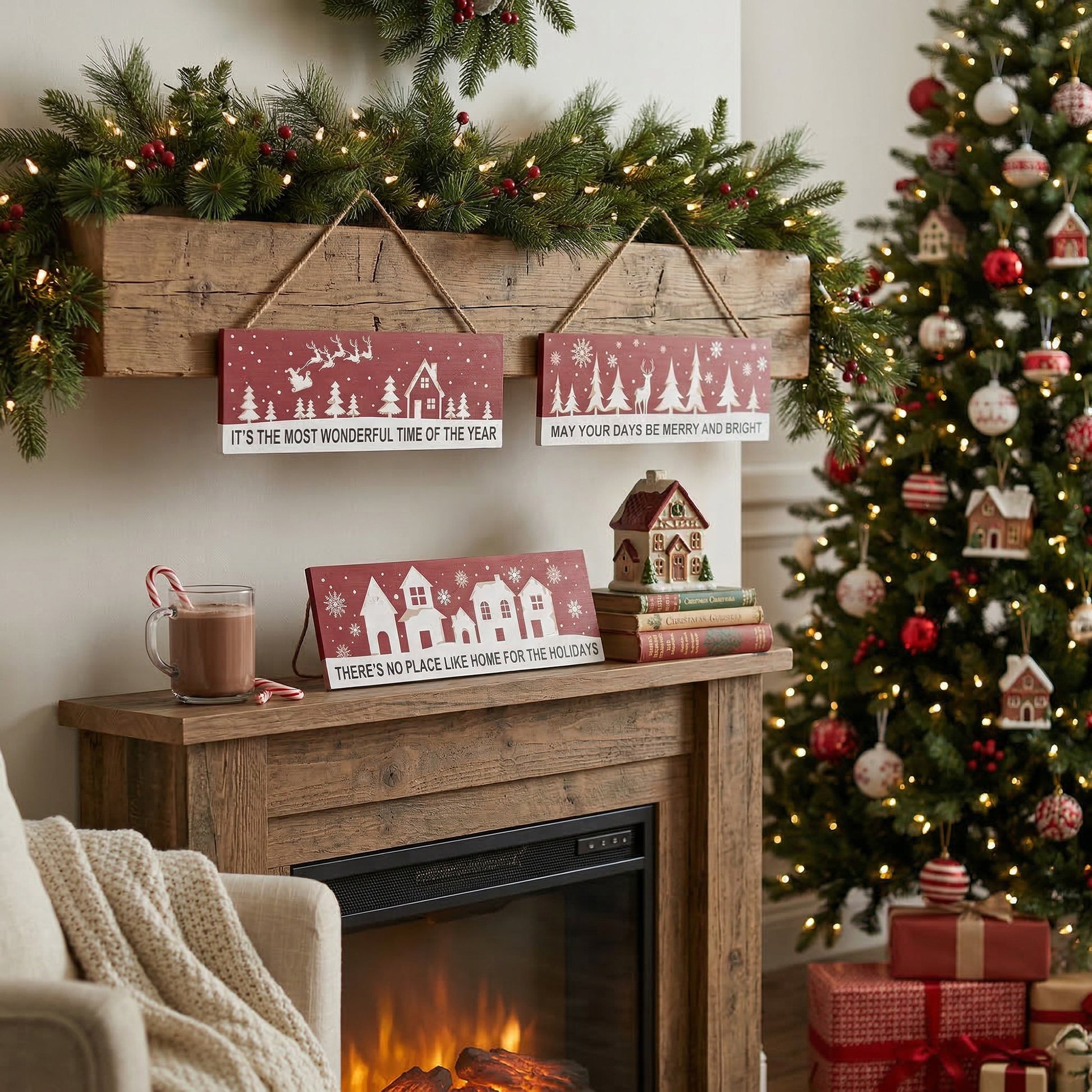 Hanging Wood Sign Red Holiday Cheer Assorted, Holiday Decor- Set of 3