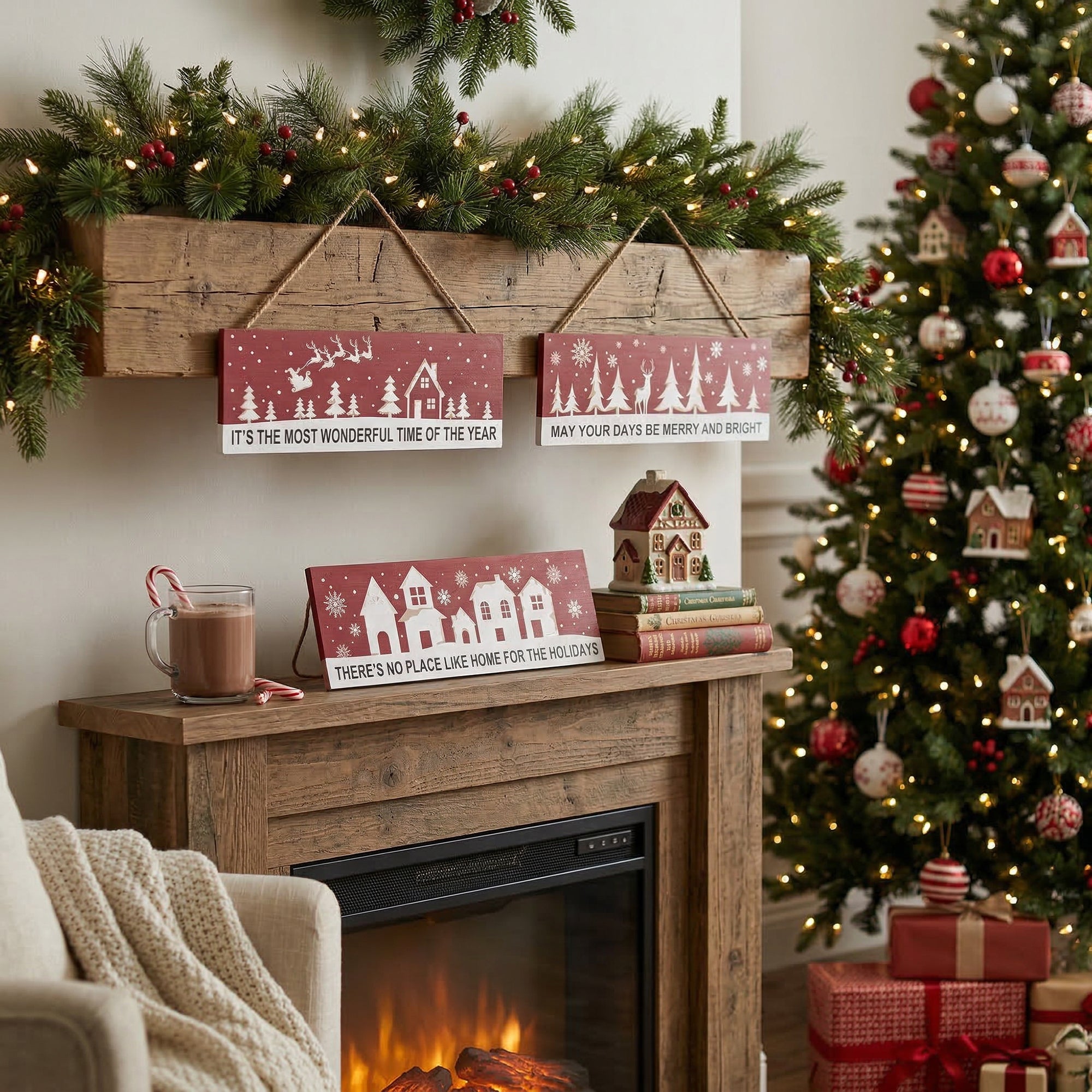 Hanging Wood Sign Red Holiday Cheer Assorted, Holiday Decor- Set of 3