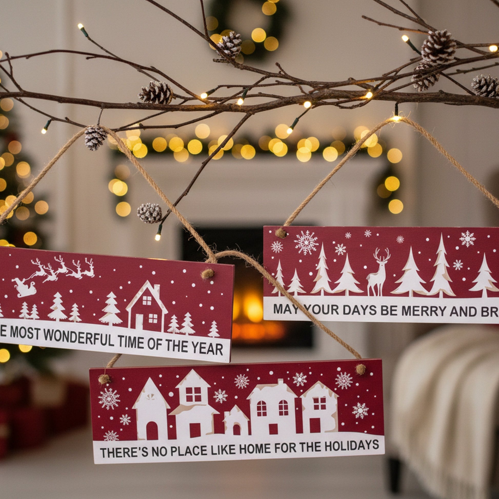 Hanging Wood Sign Red Holiday Cheer Assorted, Holiday Decor- Set of 3