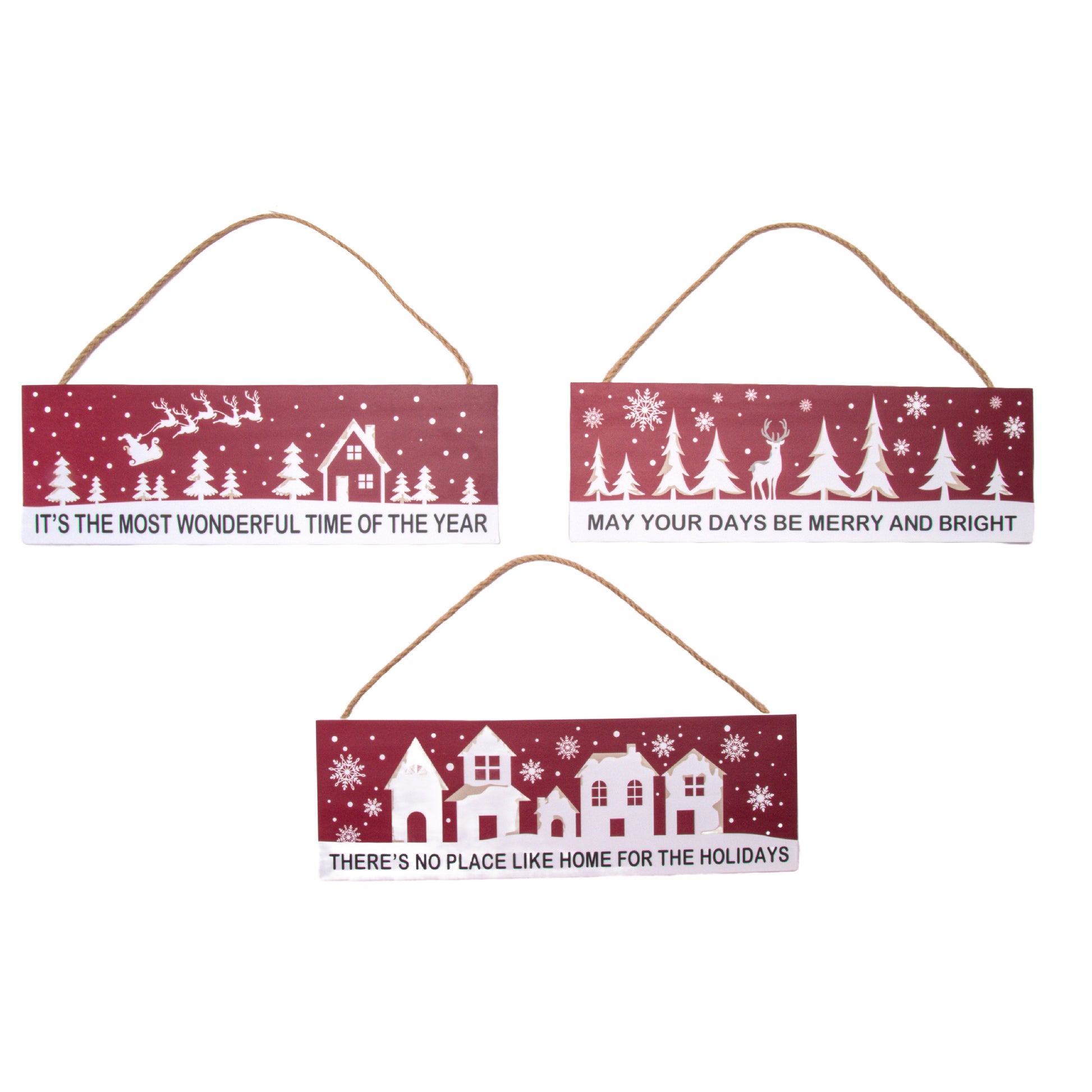 Hanging Wood Sign Red Holiday Cheer Assorted, Holiday Decor- Set of 3