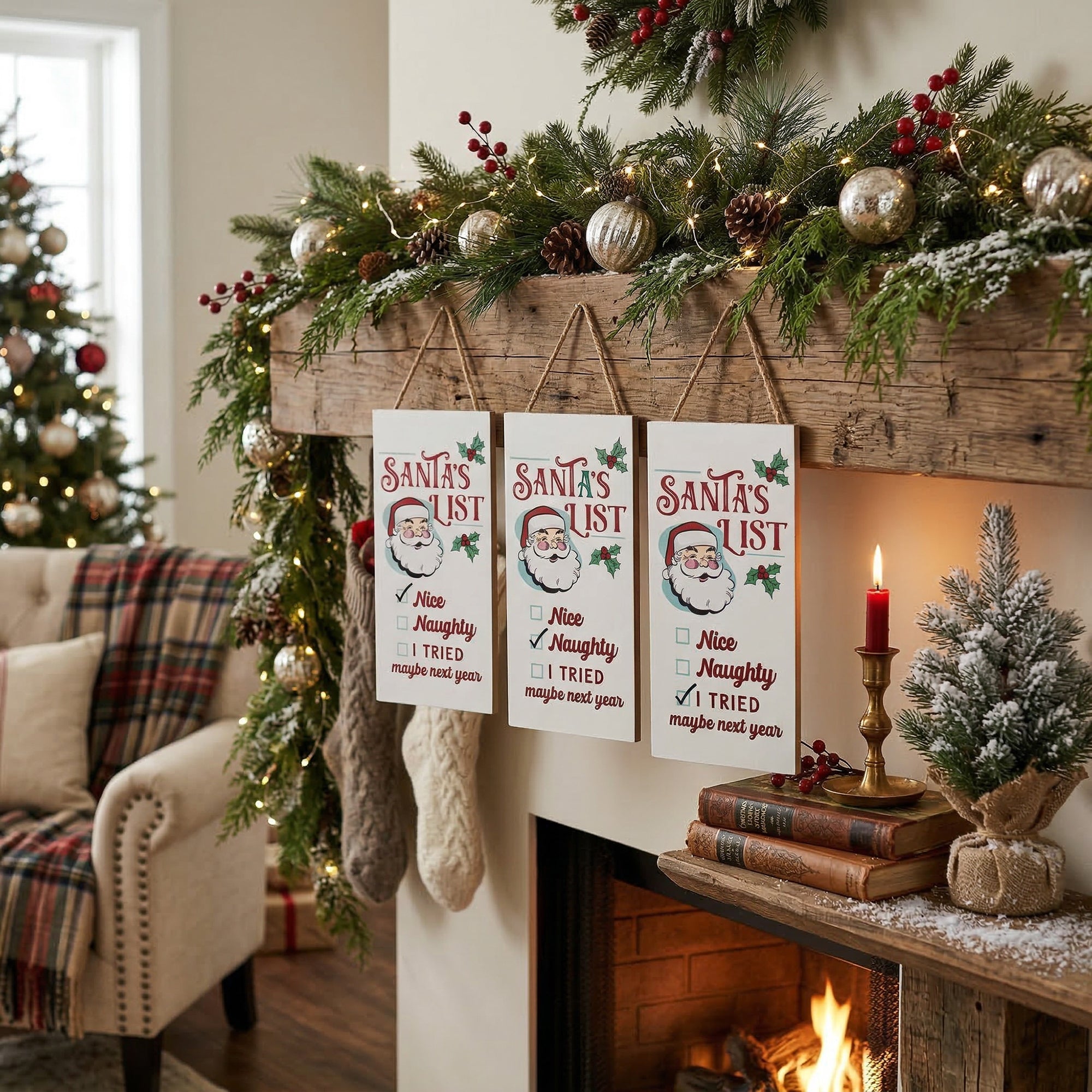Hanging Wood Wall Sign Santa's List Assorted, Christmas, Wall Decor, Holiday Decor- Set of 3