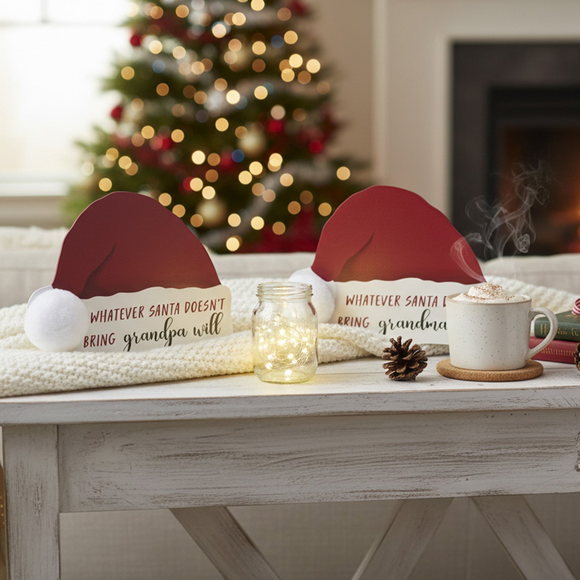 Wood Block Santa's Hat Whatever Santa Doesn't Bring Assorted, Christmas, Tabletop Block, Holiday Decor- Set of 2