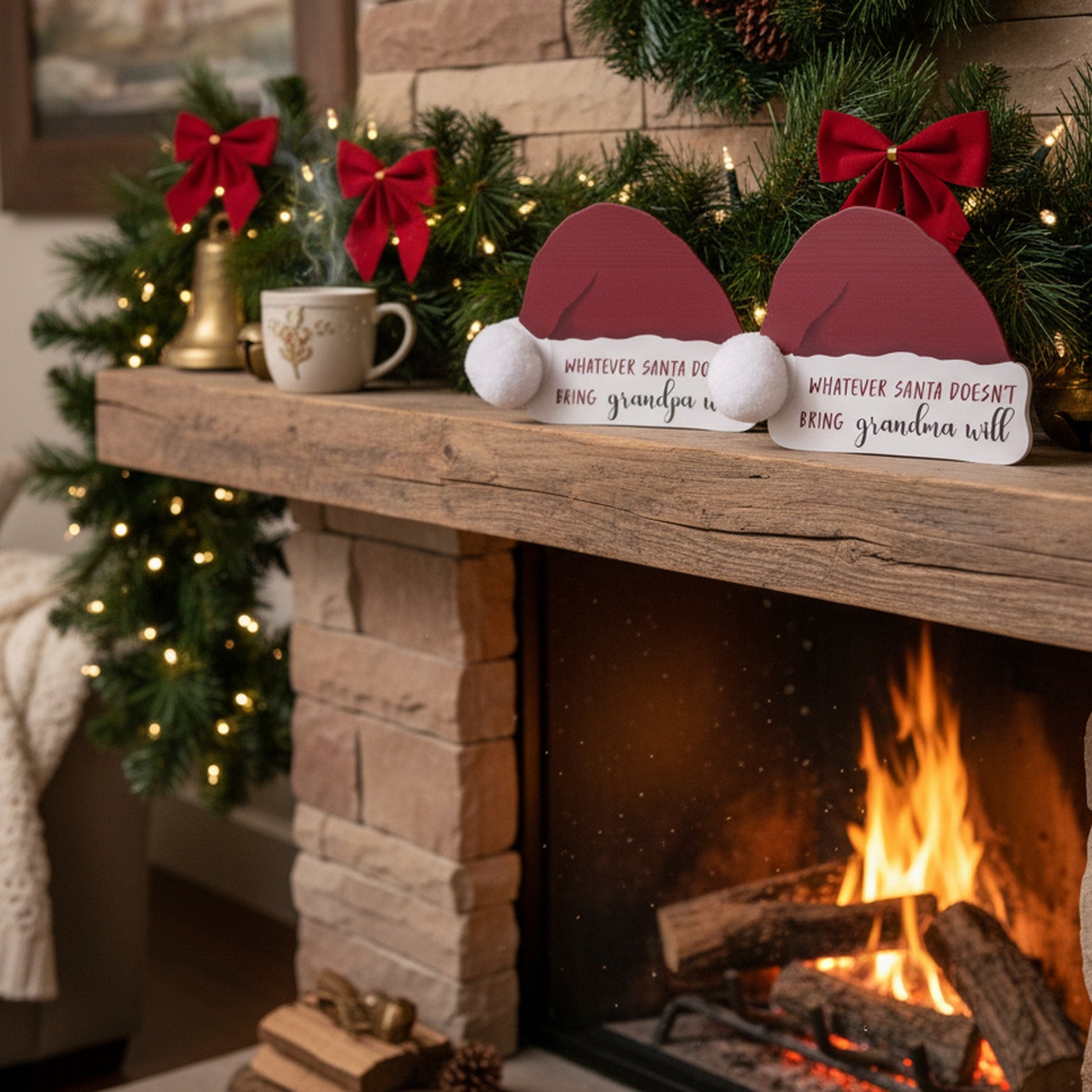 Wood Block Santa's Hat Whatever Santa Doesn't Bring Assorted, Christmas, Tabletop Block, Holiday Decor- Set of 2