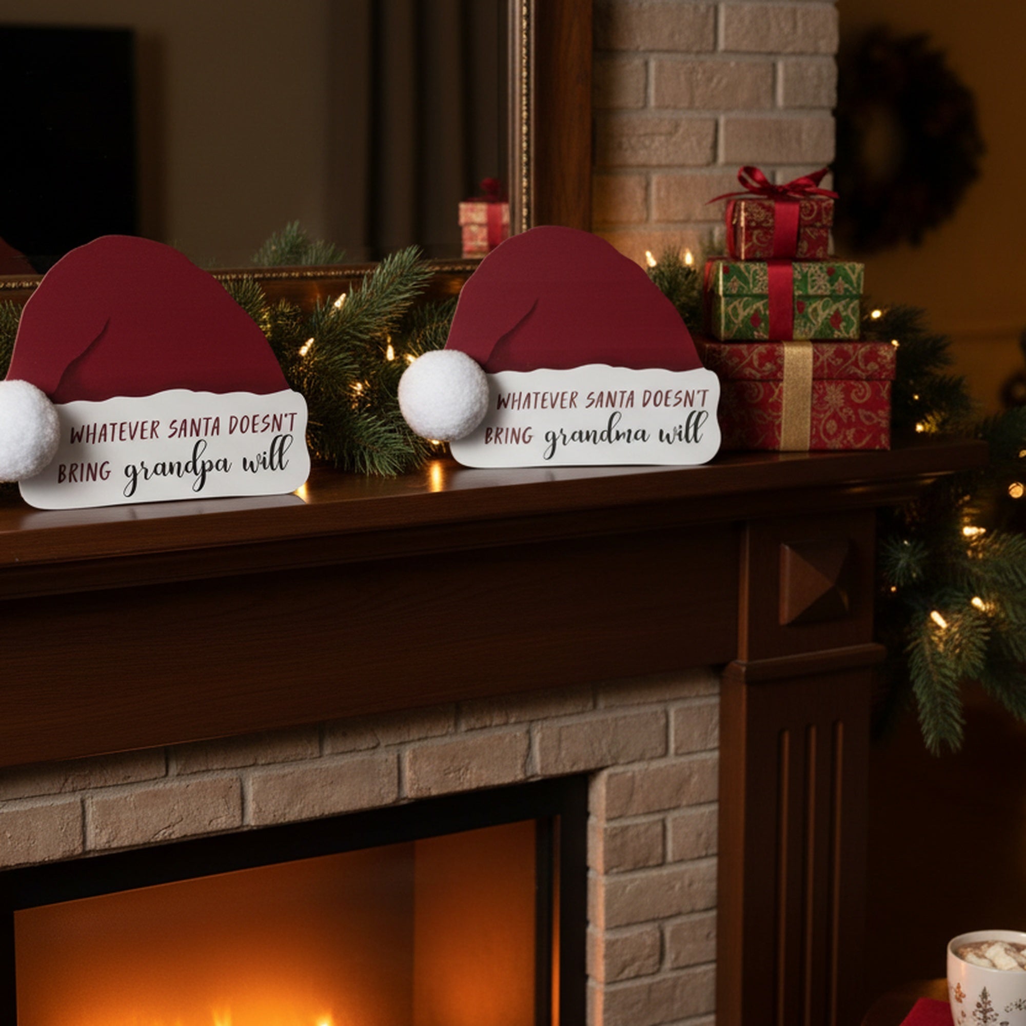 Wood Block Santa's Hat Whatever Santa Doesn't Bring Assorted, Christmas, Tabletop Block, Holiday Decor- Set of 2