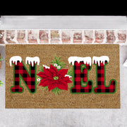 Plaid Noel Poinsettia Coir Door Mat, Christmas Welcome Mat, Holiday Entryway Door Mat