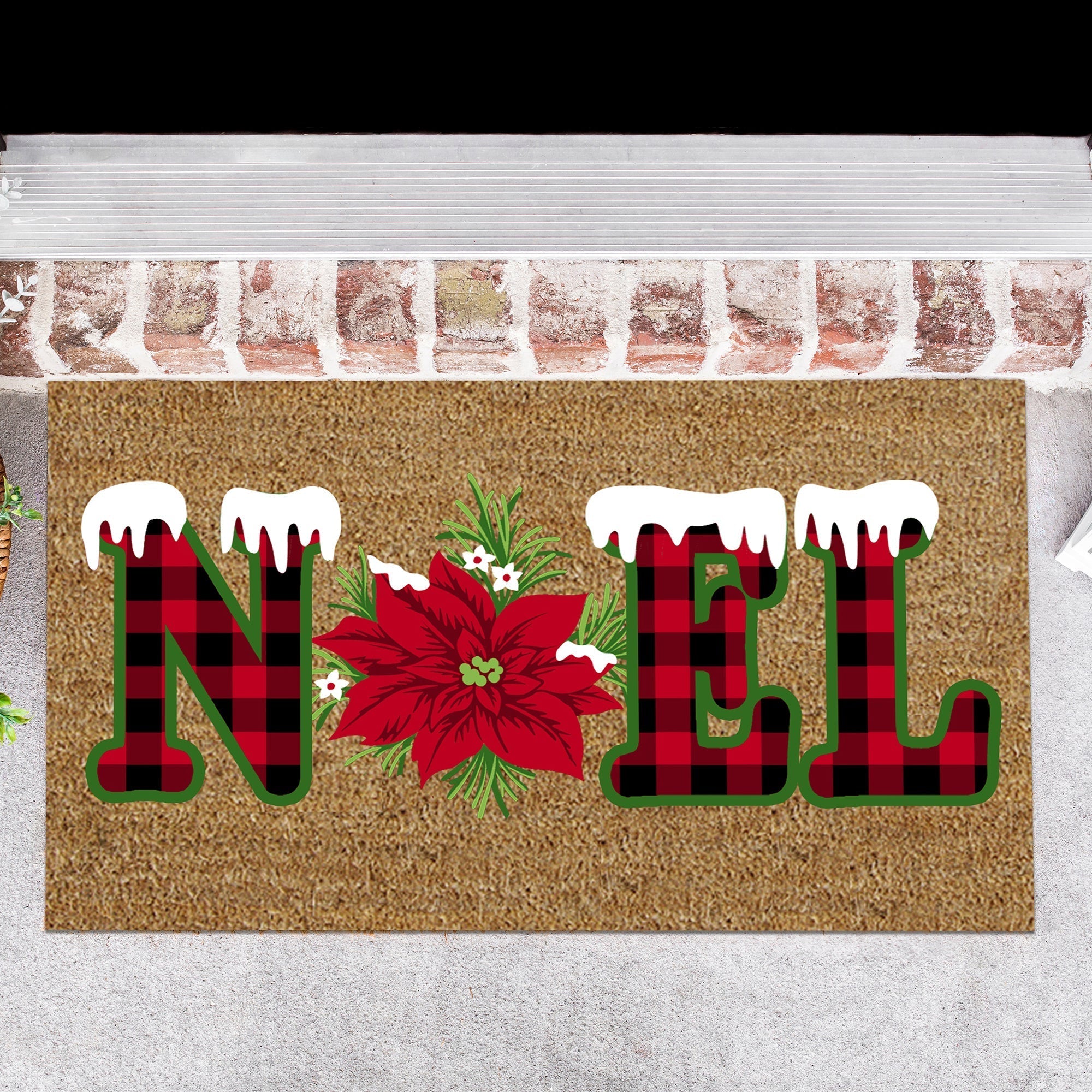 Plaid Noel Poinsettia Coir Door Mat, Christmas Welcome Mat, Holiday Entryway Door Mat