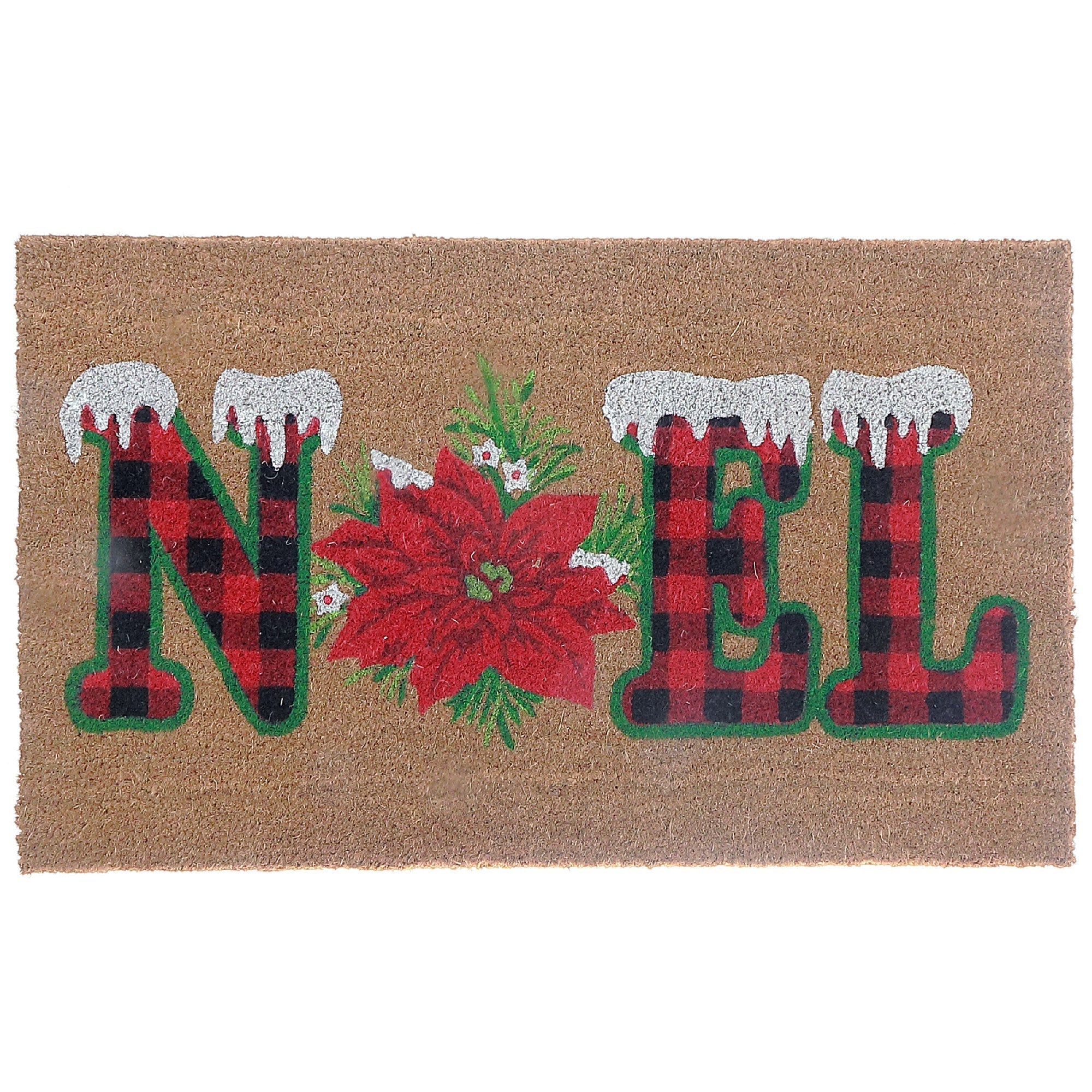 Plaid Noel Poinsettia Coir Door Mat, Christmas Welcome Mat, Holiday Entryway Door Mat