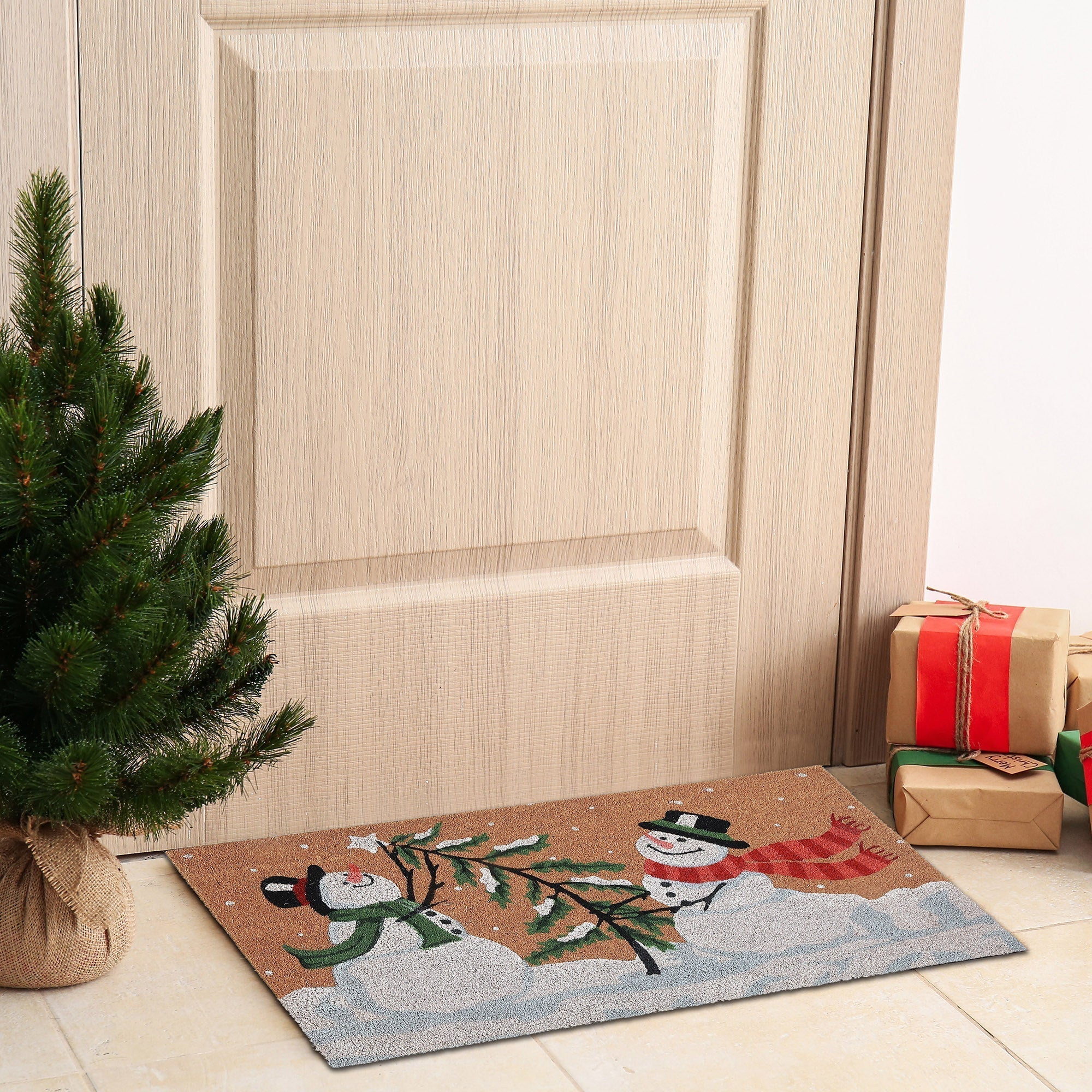 Coir Door Mat Playful Snowmen – Holiday Entrance Mat, Christmas Welcome Mat, Festive Winter Décor
