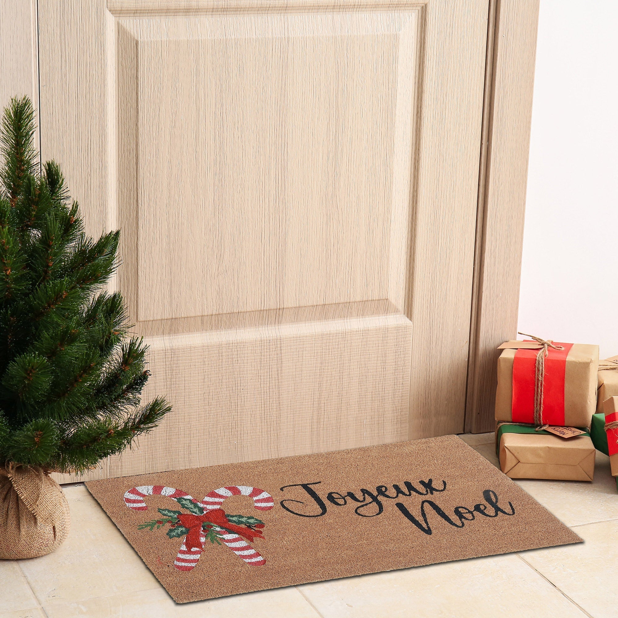 Coir Door Mat Candy Cane Joyeux Noel – Holiday Entrance Mat, Christmas Welcome Mat, Festive Door Décor