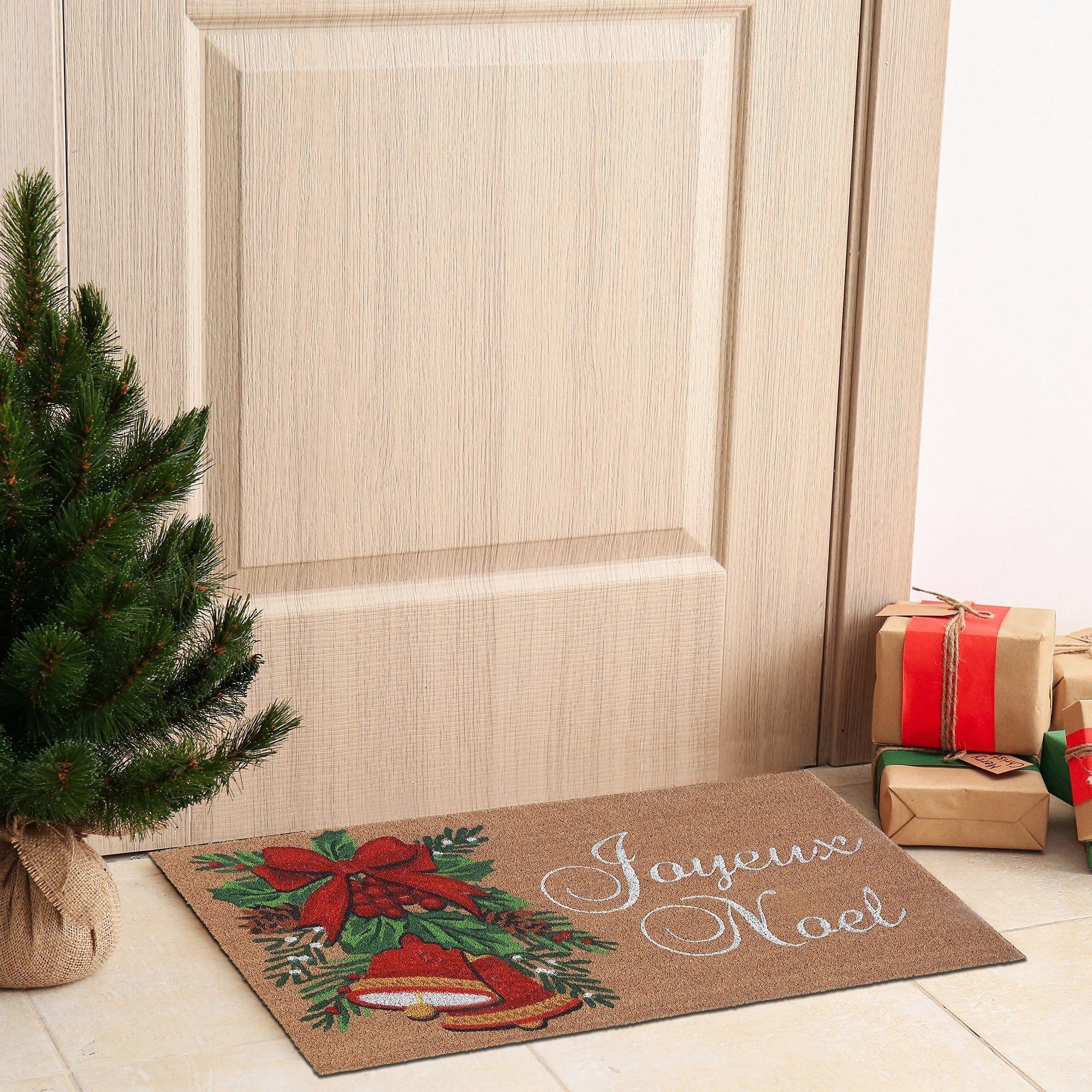 Coir Door Mat Bells Joyeux Noel – Holiday Entrance Mat, Christmas Welcome Mat, Festive Home Décor