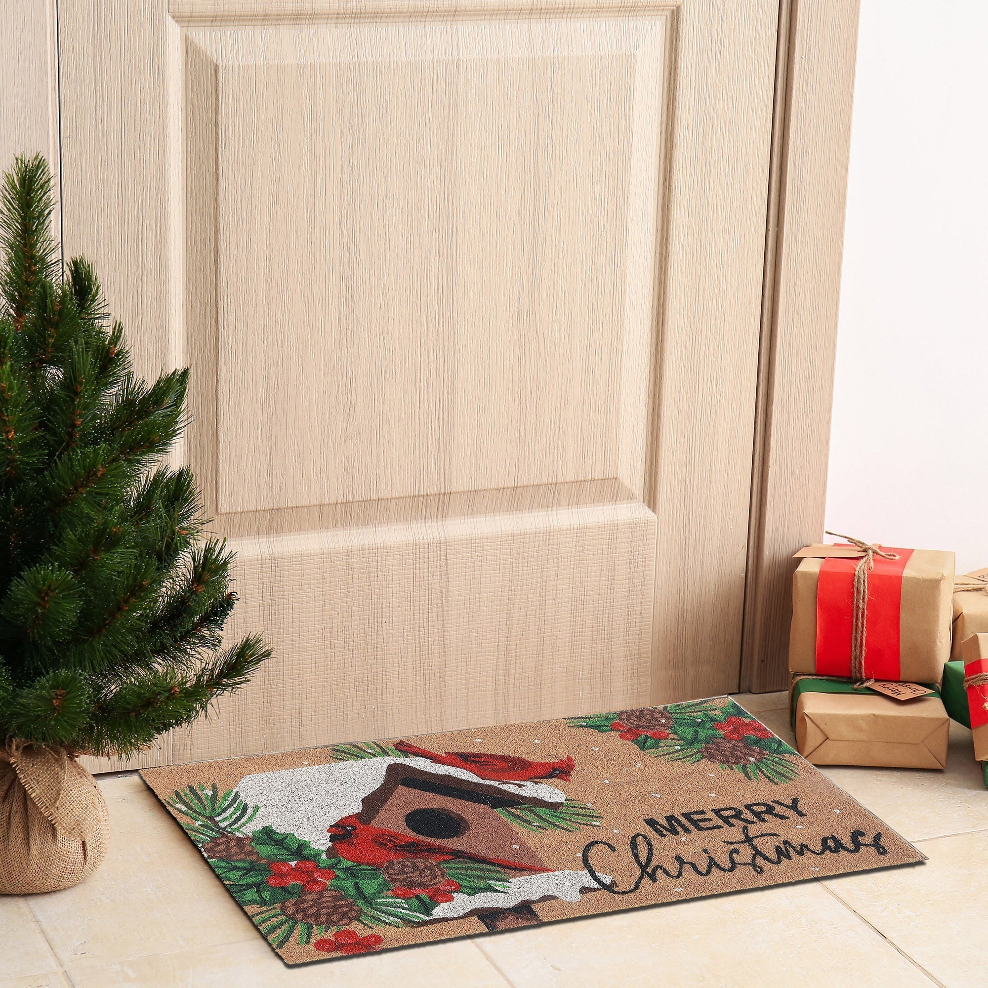 Coir Door Mat Cardinals Merry Christmas – Holiday Entrance Mat, Festive Welcome Mat, Christmas Home Décor
