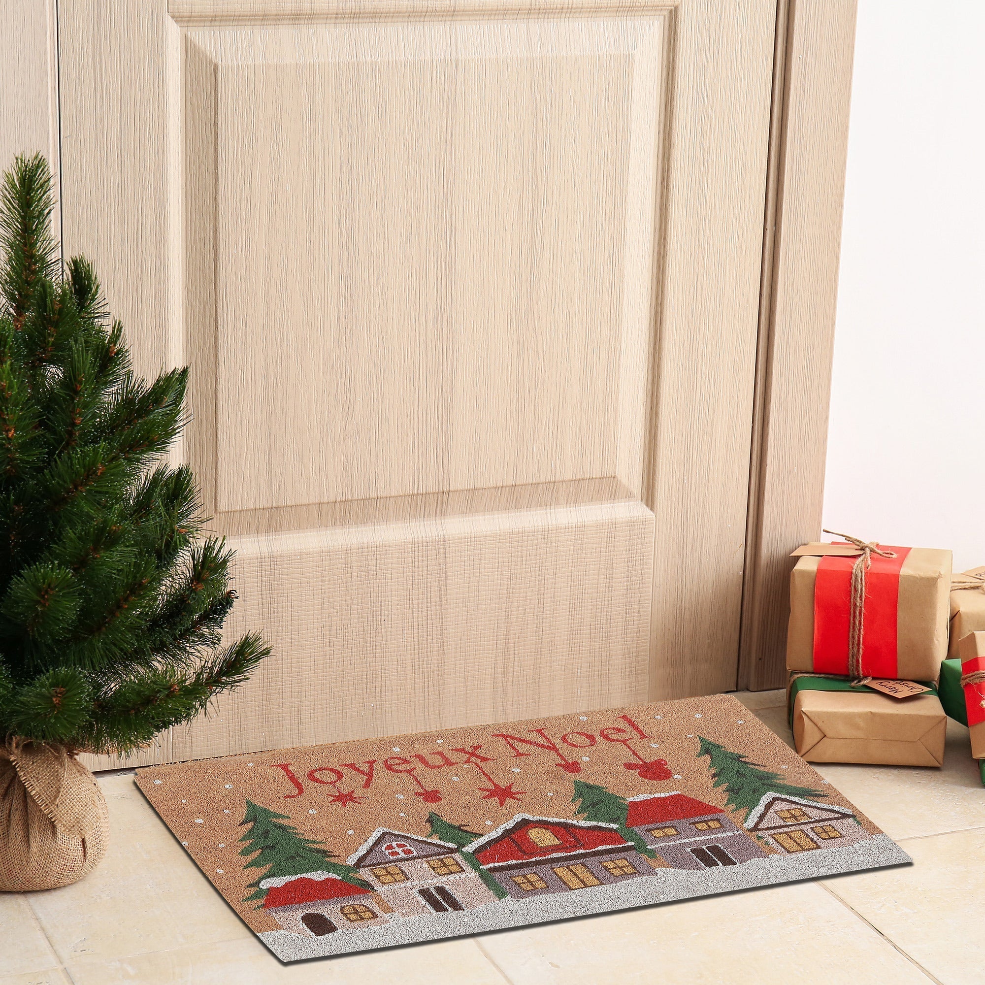 Coir Door Mat Winter Village Joyeux Noel – Holiday Entrance Mat, Christmas Welcome Mat, Festive Winter Décor