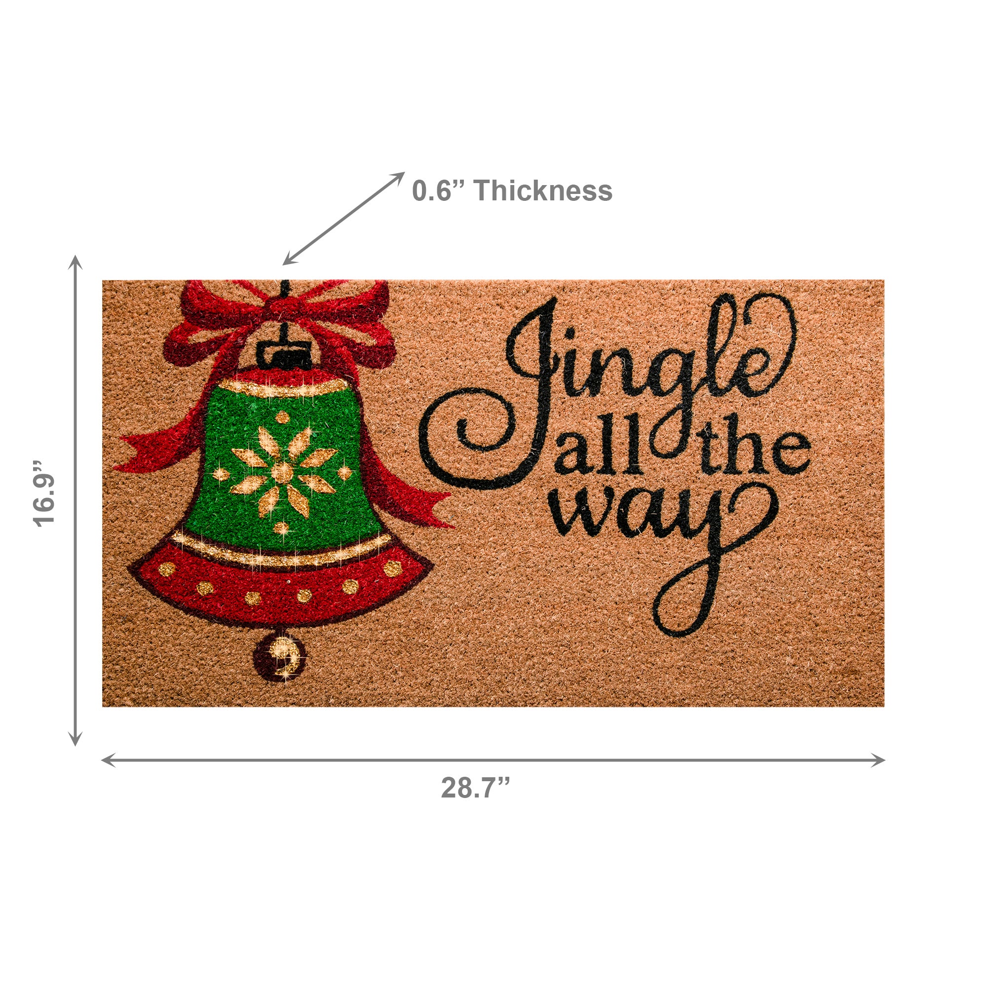 Coir Door Mat Bell Jingle All the Way with Glitter, Christmas, Door Mat, Holiday Decor