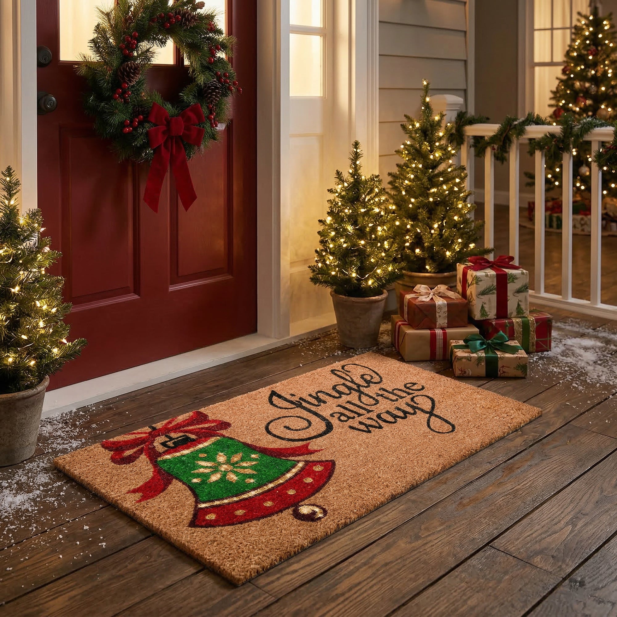 Coir Door Mat Bell Jingle All the Way with Glitter, Christmas, Door Mat, Holiday Decor