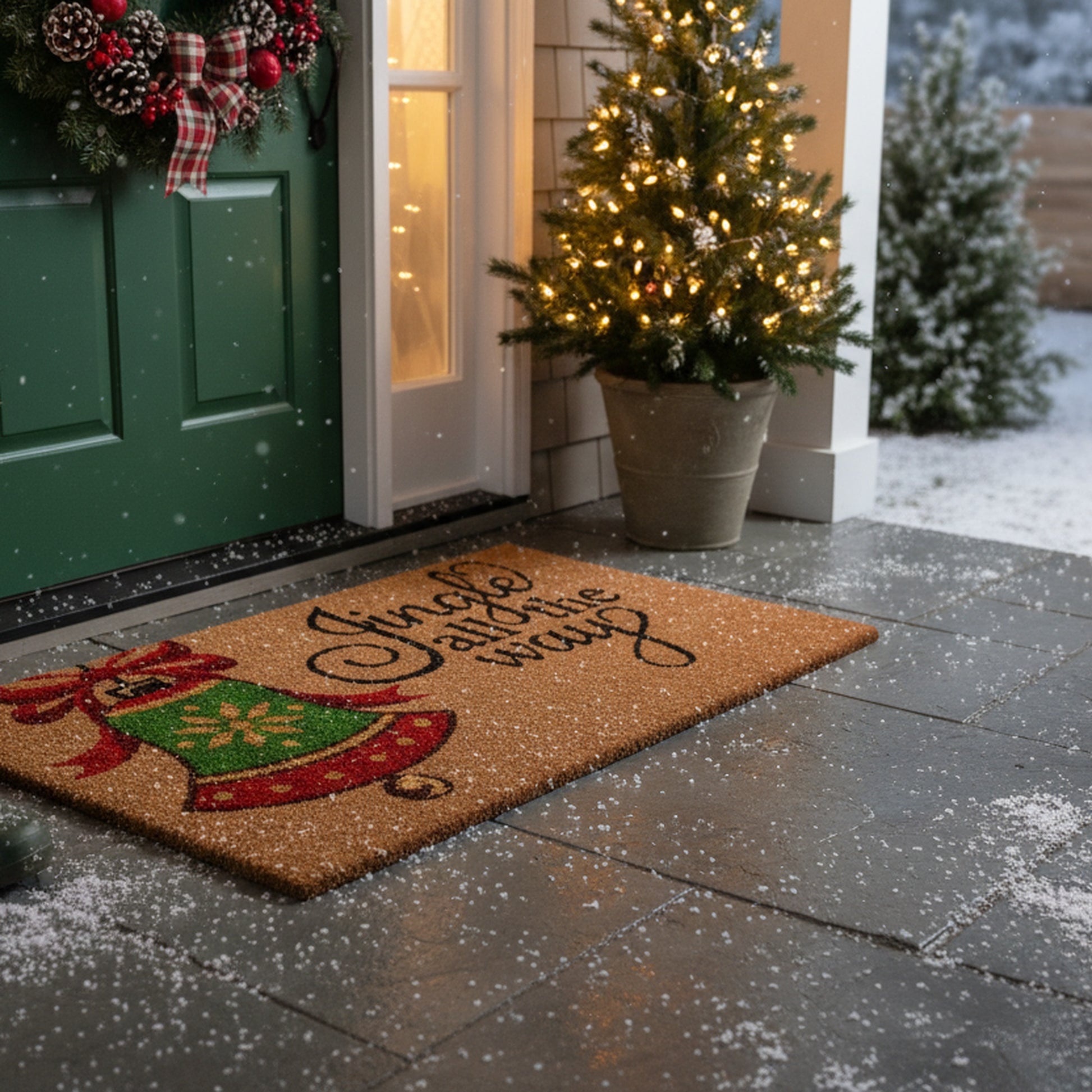 Coir Door Mat Bell Jingle All the Way with Glitter, Christmas, Door Mat, Holiday Decor