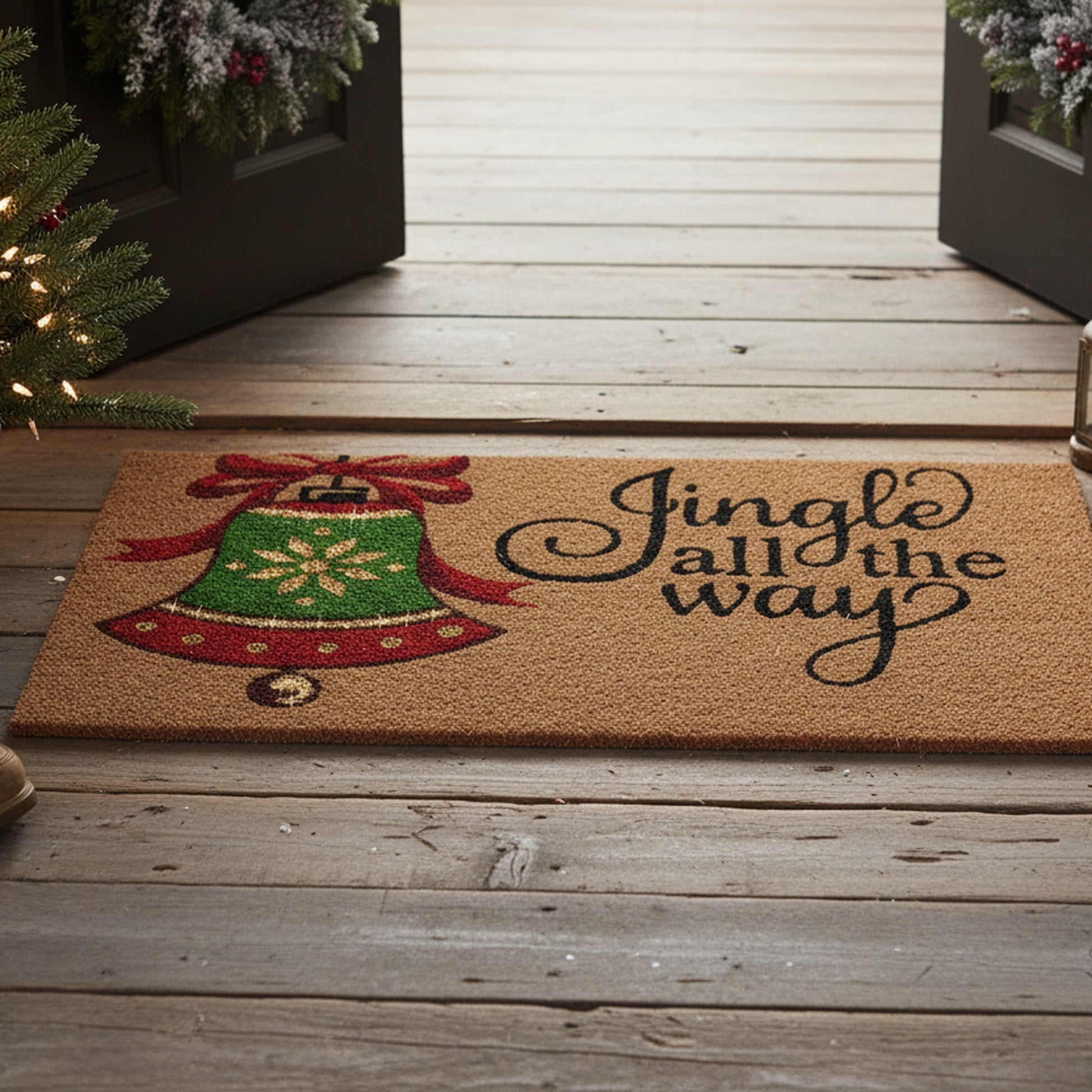 Coir Door Mat Bell Jingle All the Way with Glitter, Christmas, Door Mat, Holiday Decor