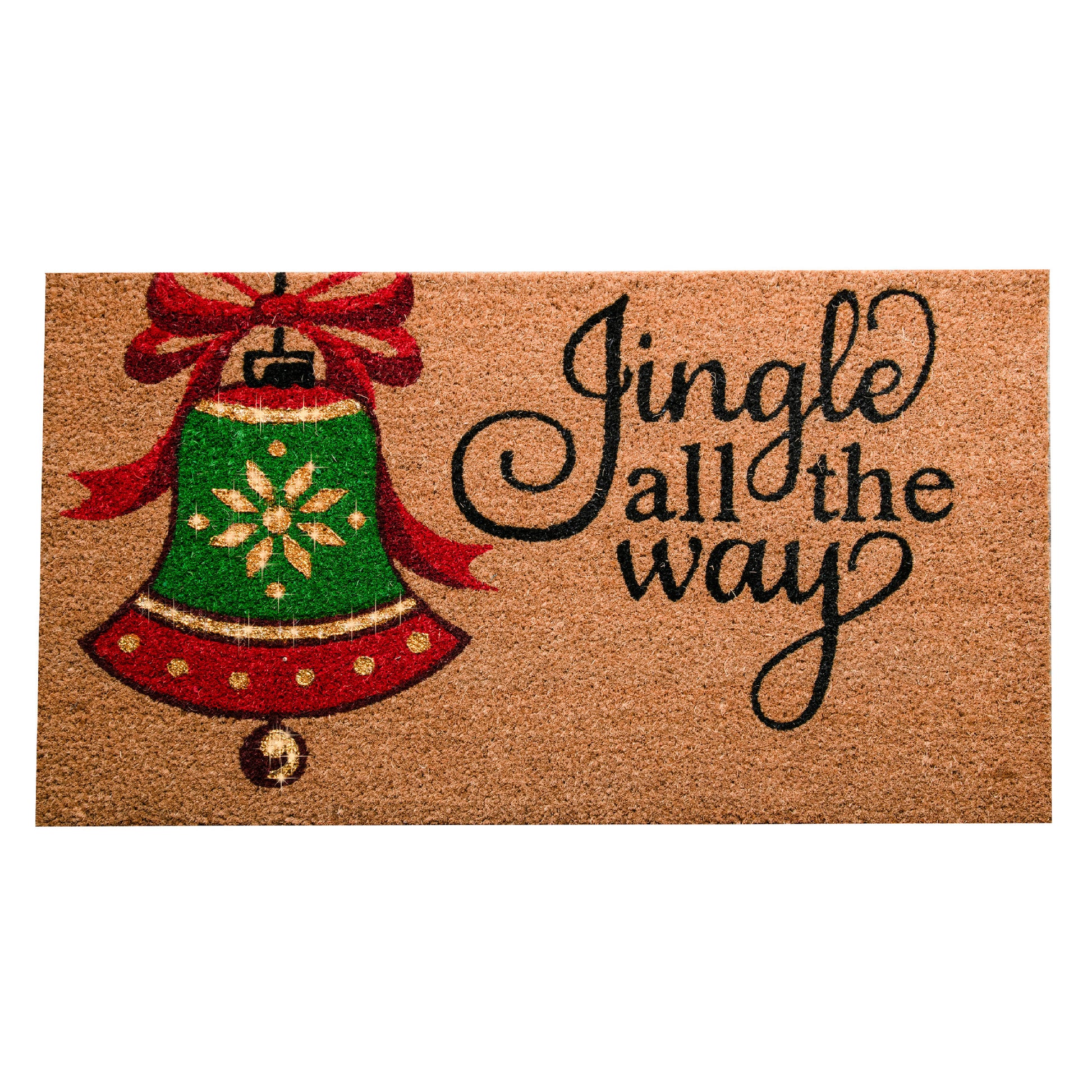Coir Door Mat Bell Jingle All the Way with Glitter, Christmas, Door Mat, Holiday Decor