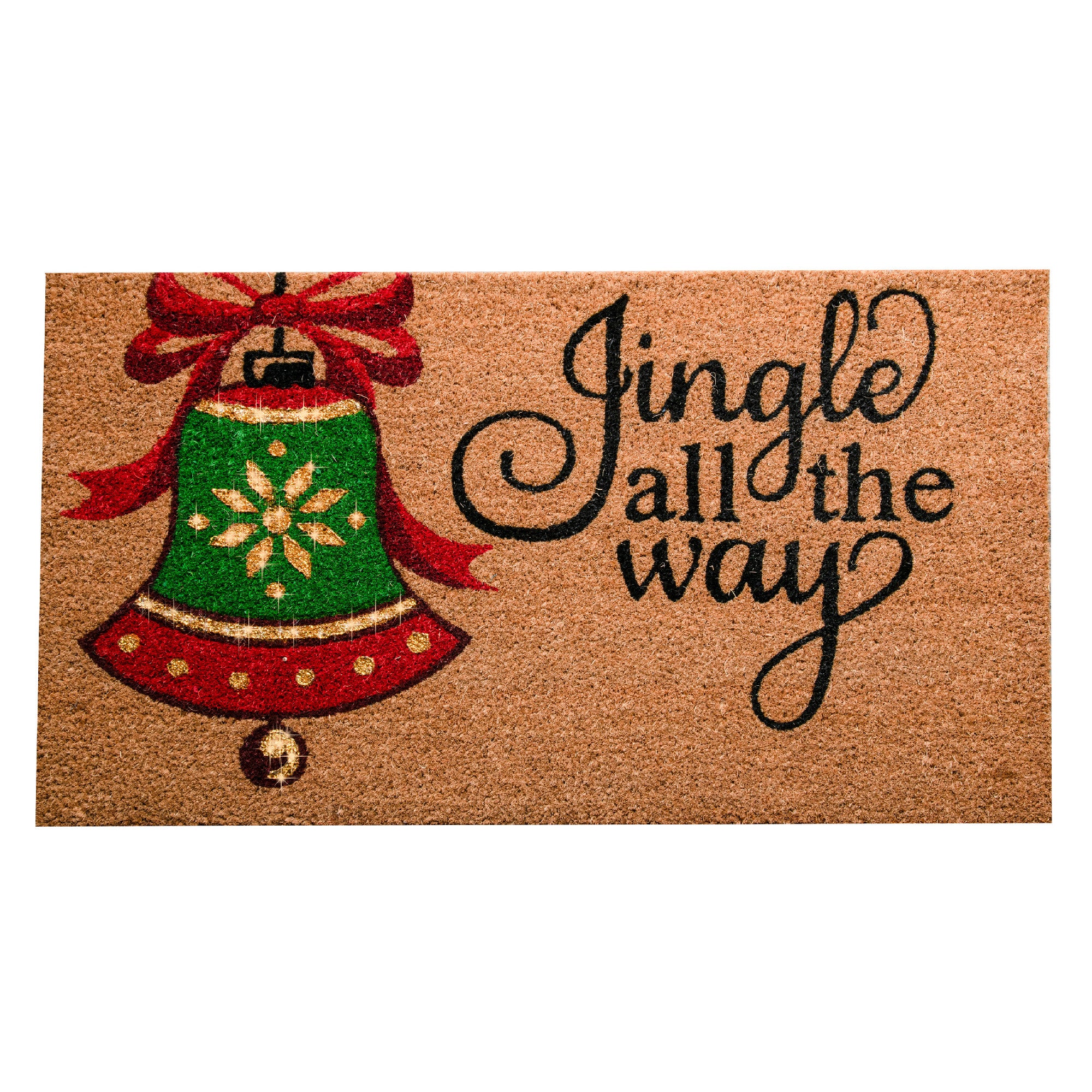 Coir Door Mat Bell Jingle All the Way with Glitter, Christmas, Door Mat, Holiday Decor