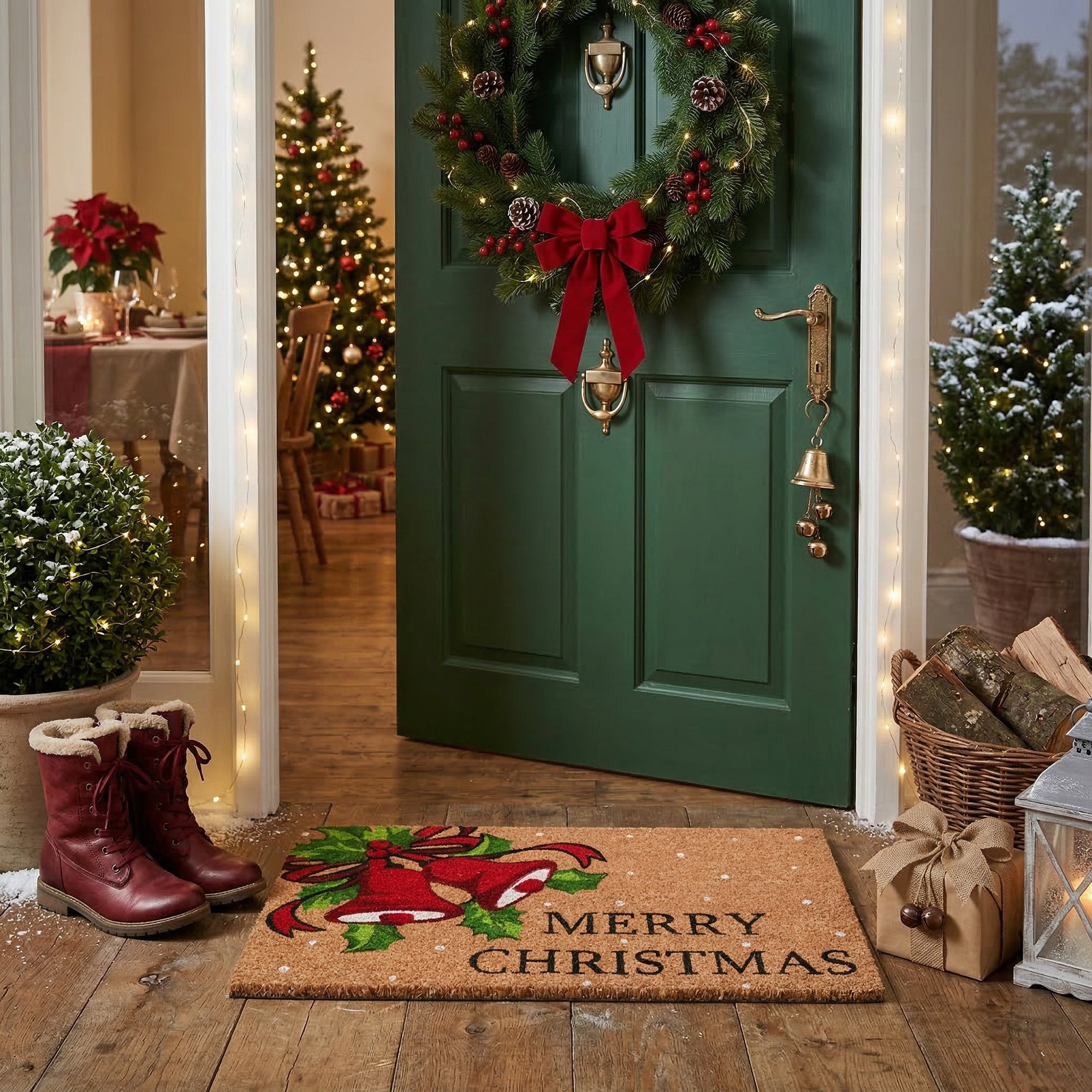 Coir Door Mat Holiday Bells Merry Christmas, Christmas, Door Mat, Holiday Decor