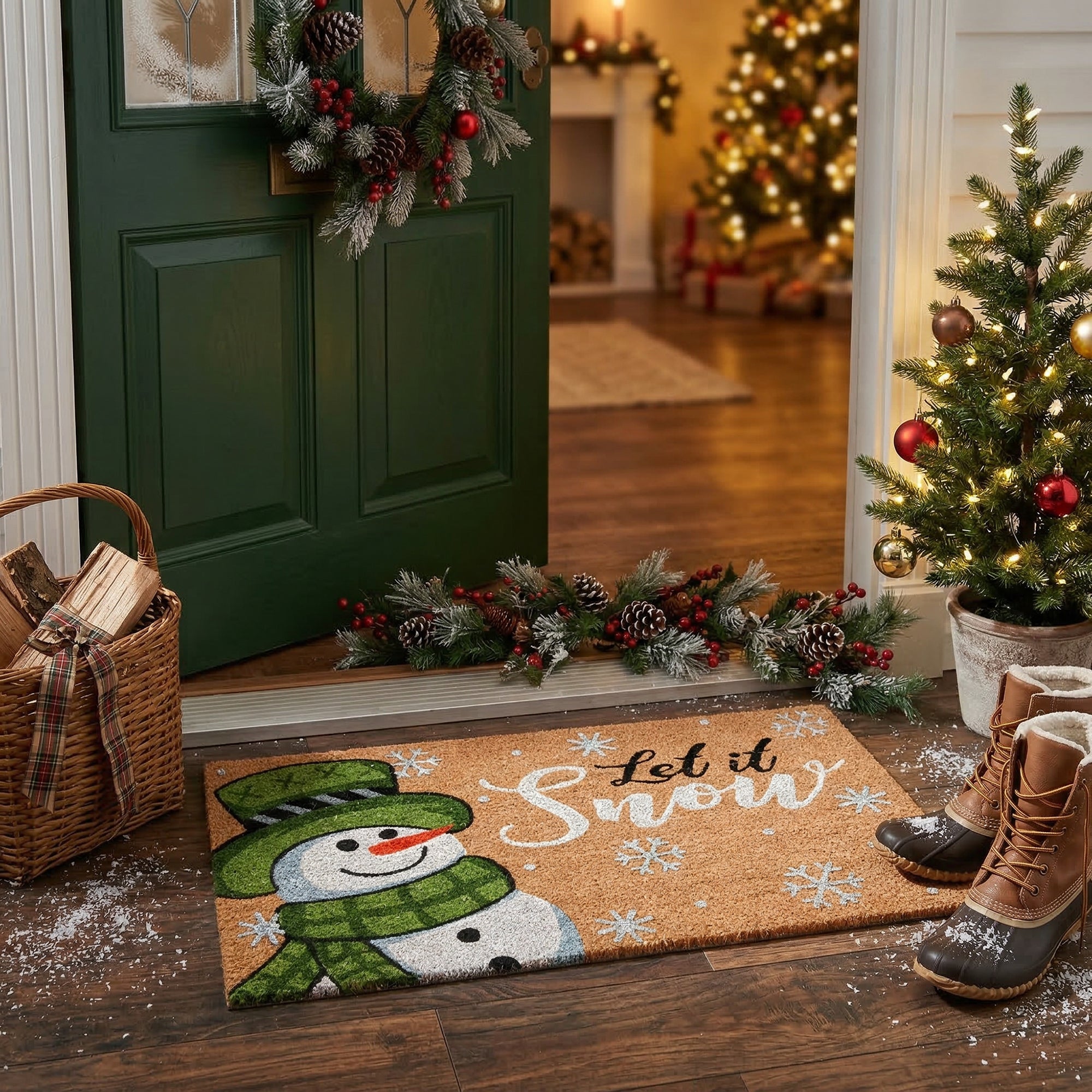 Coir Door Mat Snowman Let It Snow with Glitter, Christmas, Door Mat, Holiday Decor
