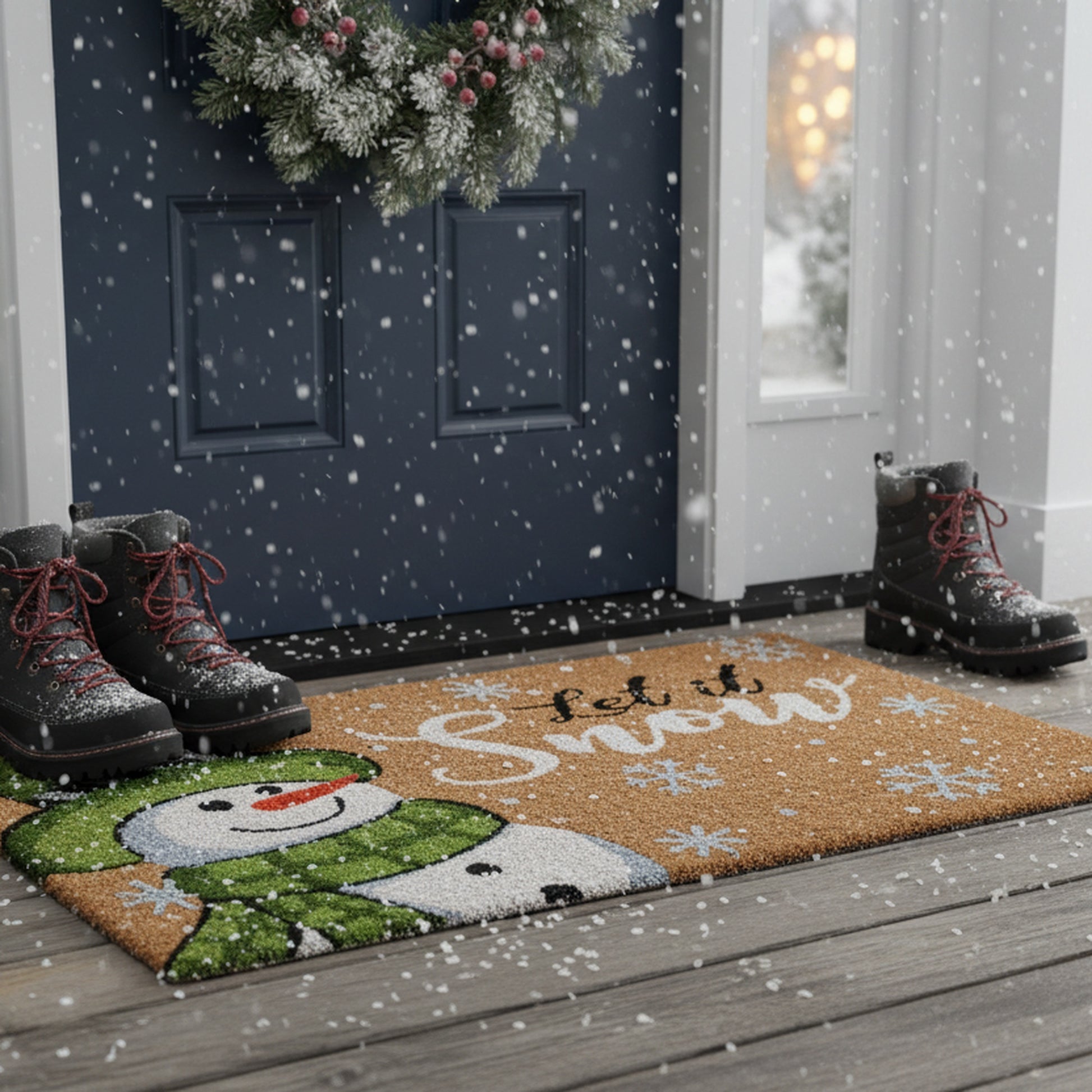 Coir Door Mat Snowman Let It Snow with Glitter, Christmas, Door Mat, Holiday Decor