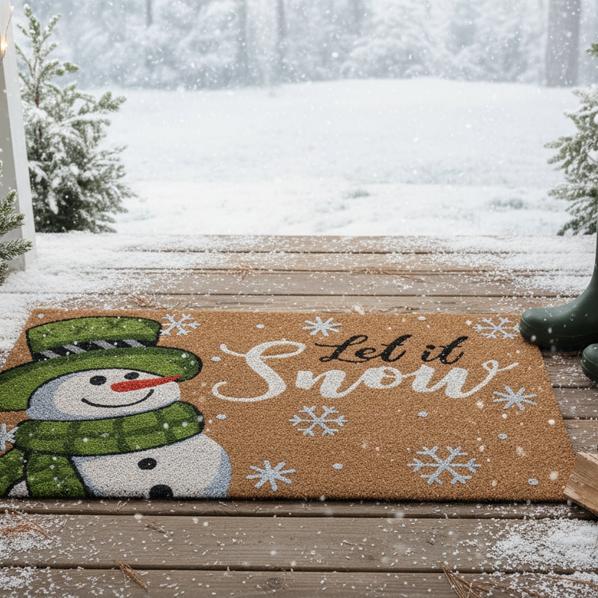 Coir Door Mat Snowman Let It Snow with Glitter, Christmas, Door Mat, Holiday Decor