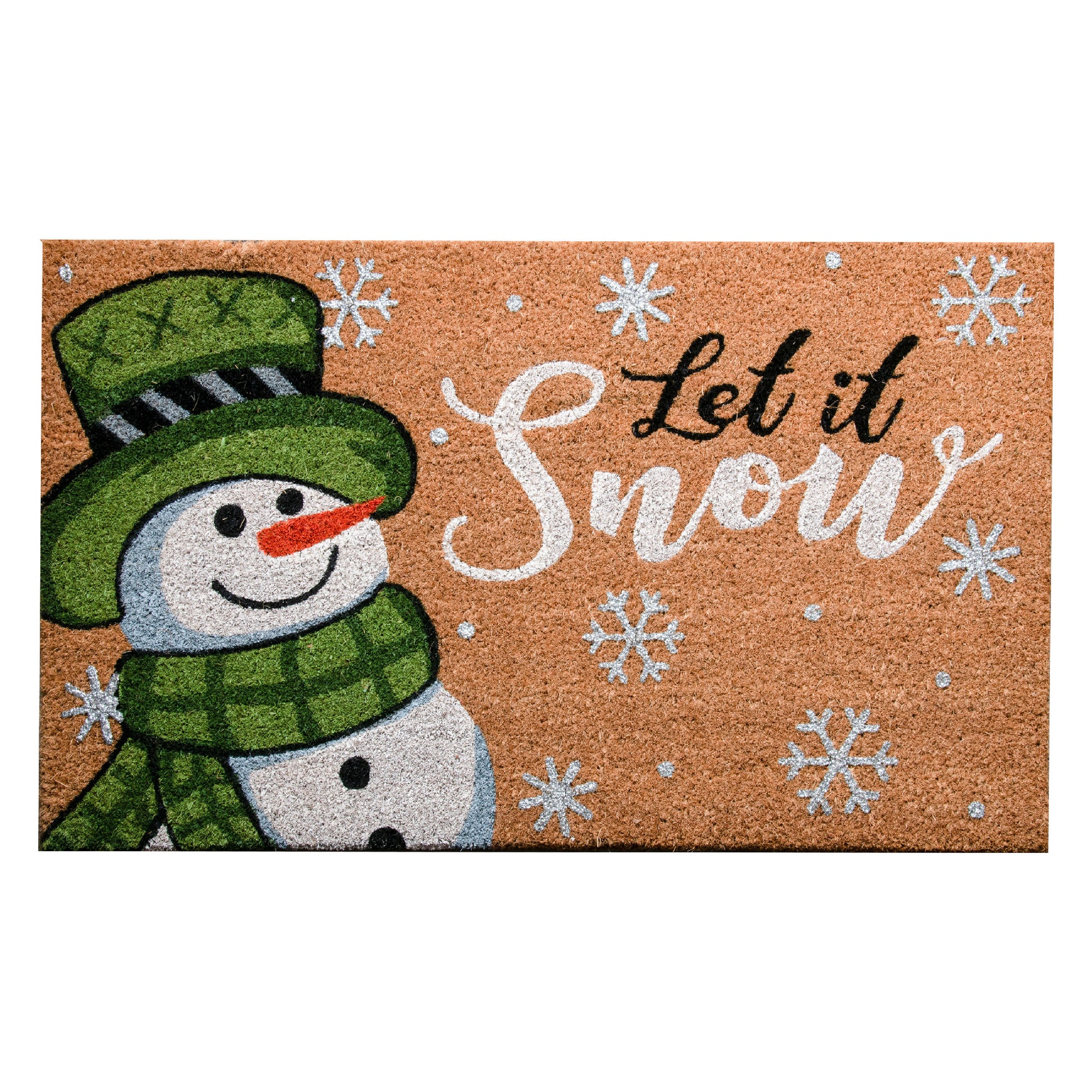 Coir Door Mat Snowman Let It Snow with Glitter, Christmas, Door Mat, Holiday Decor